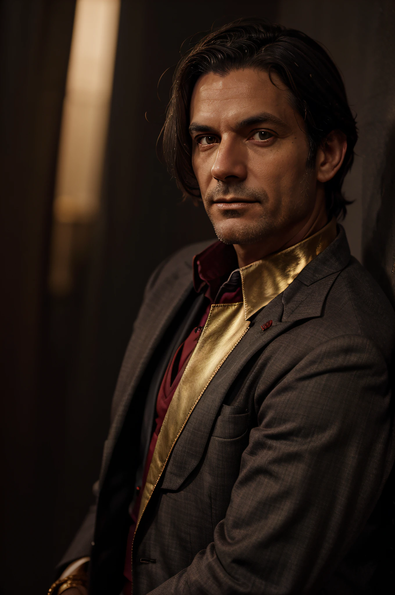 Portrait of a man, demon, person, gray hairs, sly look, Dark red background, Light Behind You, suit jacket, gold ring.