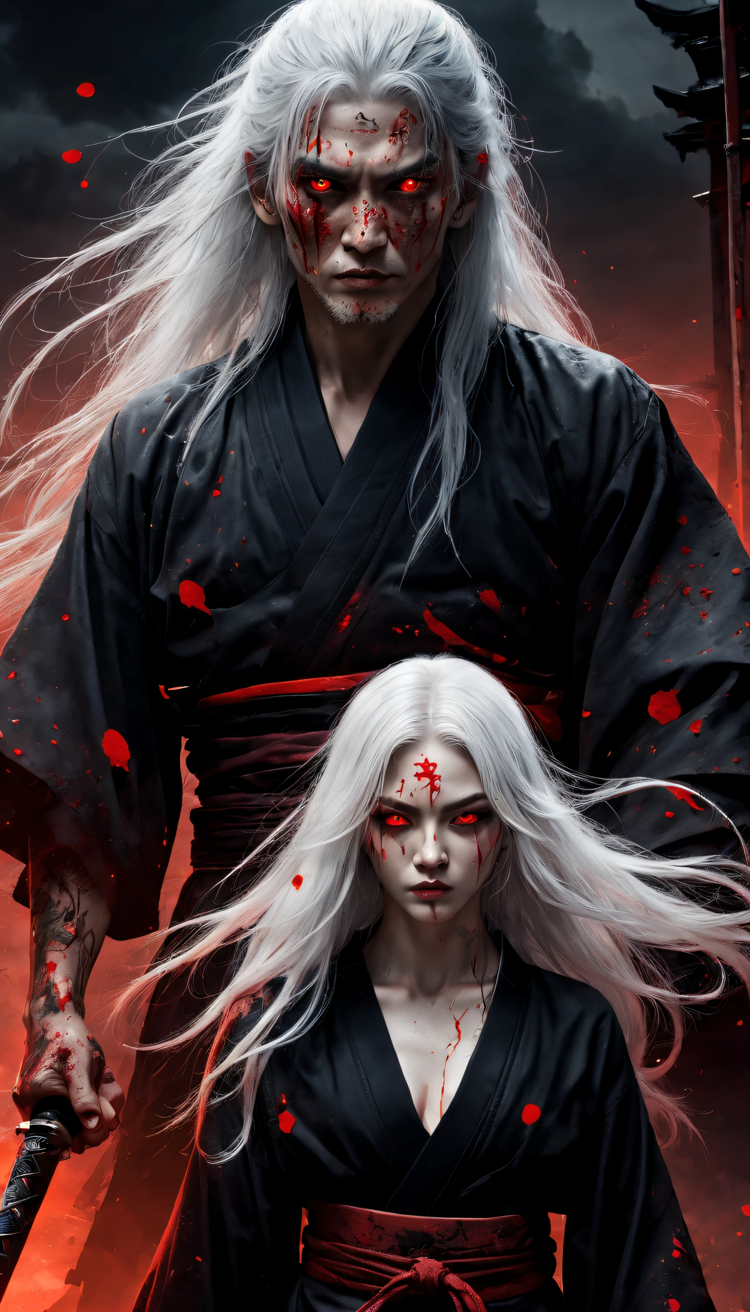 Terrible martial arts,Tattoos on the face,Holding a menacing sword,Dressed in black tattered robes,Long white hair,luminous red eyes,Intimidating presence,(Blood splattered),Dark and mysterious,Twisted branches,The mist rolled in,Moonlight illuminated the scene,dark palette,Subtle orange and red,Crumbling stone buildings,Remote location,mystical aura,hauntingly beautiful.(Best quality,4K,A high resolution,Masterpiece:1.2),Ultra-detailed,Realistic