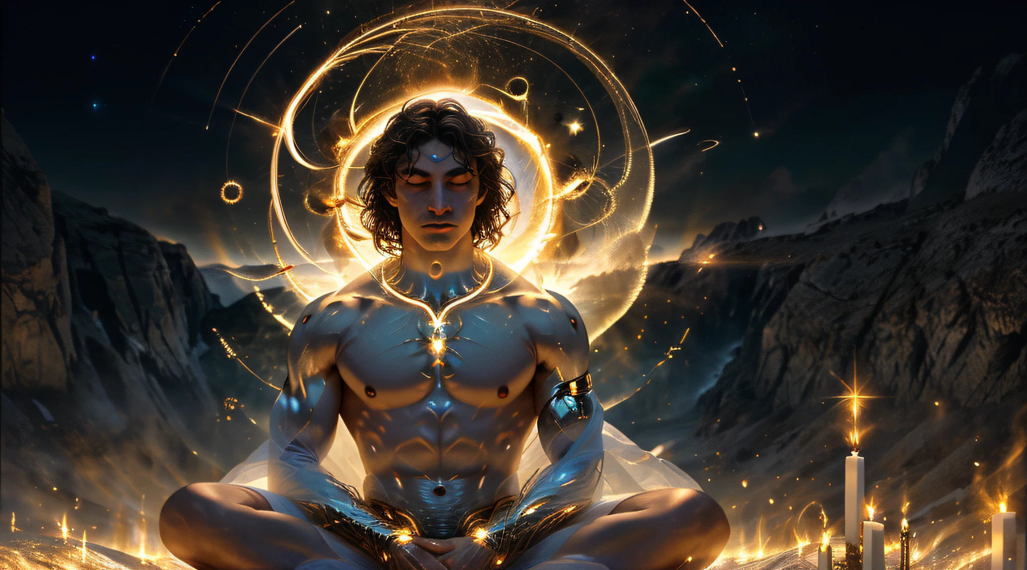 Immortal God, Super beautiful, super, Meditation, Light White Fabric, Covering part of the body, sitting, Cross-legged, Golden Glowing Magic Circle, spinning behind him, Magical aura, the part that surrounds it, Magical, fentezi, Background of the Milky Way, (4 items, fire, water, the wind, land, Surround him), Very clear, Without flaws, with five fingers, Photorealistic, Correct eye shape, Very detailed face, Spectacular light. Highly detailed photo, hiquality.