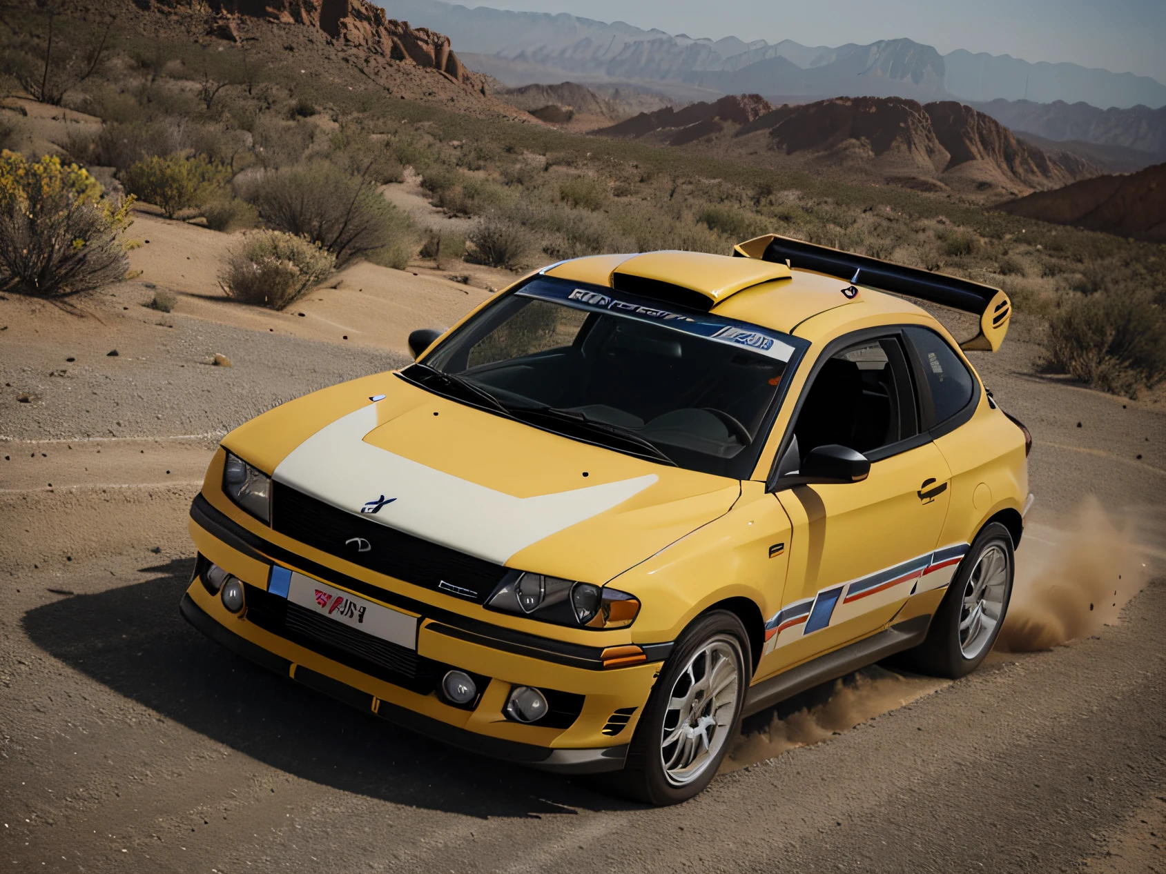 1 car, rally car, fast car, desert, liveries, ultra sharp image, high definition, cinematic lighting, high resolution, high quality, 8k, neoprene, ultra sharp focus