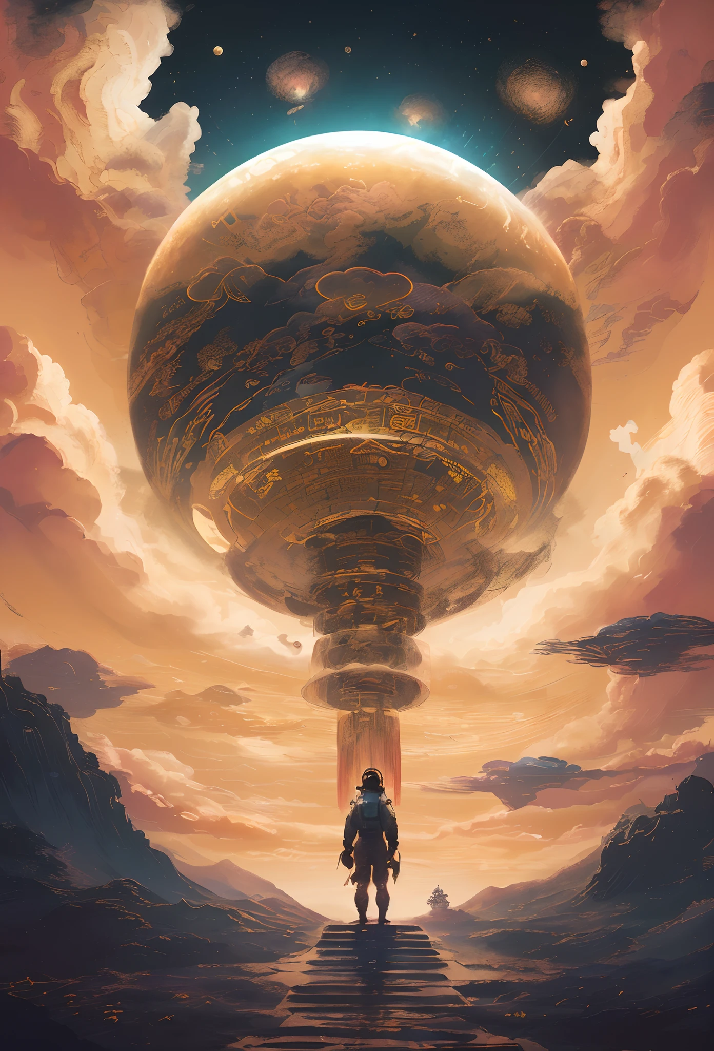 A meticulously illustrated pastel-soft Chinese ink painting, Magical cosmic colors, rice paper texture, digital paint, Halo astronaut, A black-gold future portal in the sky. Venus. space. Clouds wet to wet techniques. Vibrant vector professional art. using Cinema 4D, mysterious