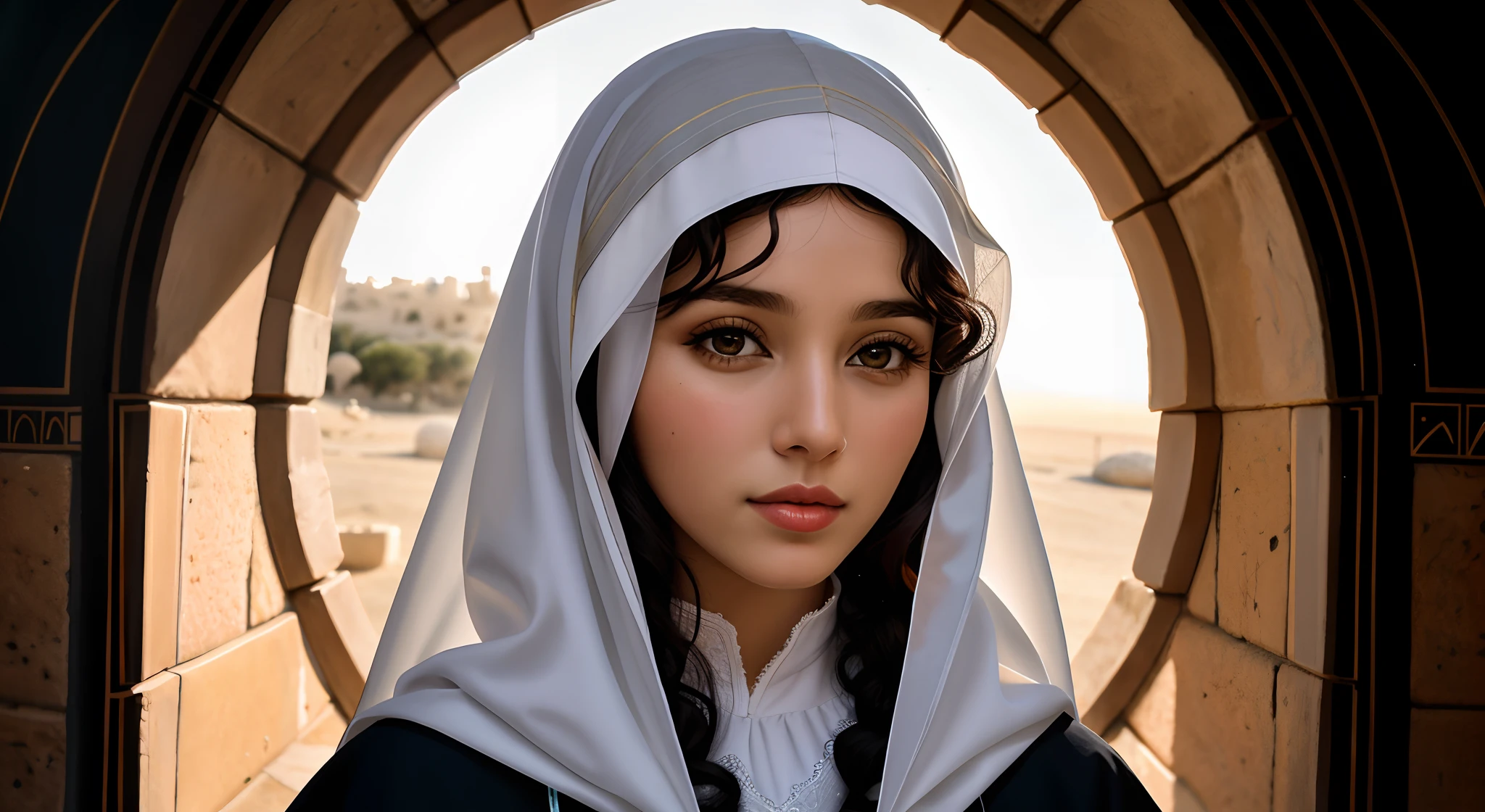 Maria, mother of Jesus, Palestino, Maria era uma morena, Beautiful woman, tinham olhos grandes, nariz e queixo finos, thick, long lips, curly hair. wearing a tunic and covering her hair, PREGNANT