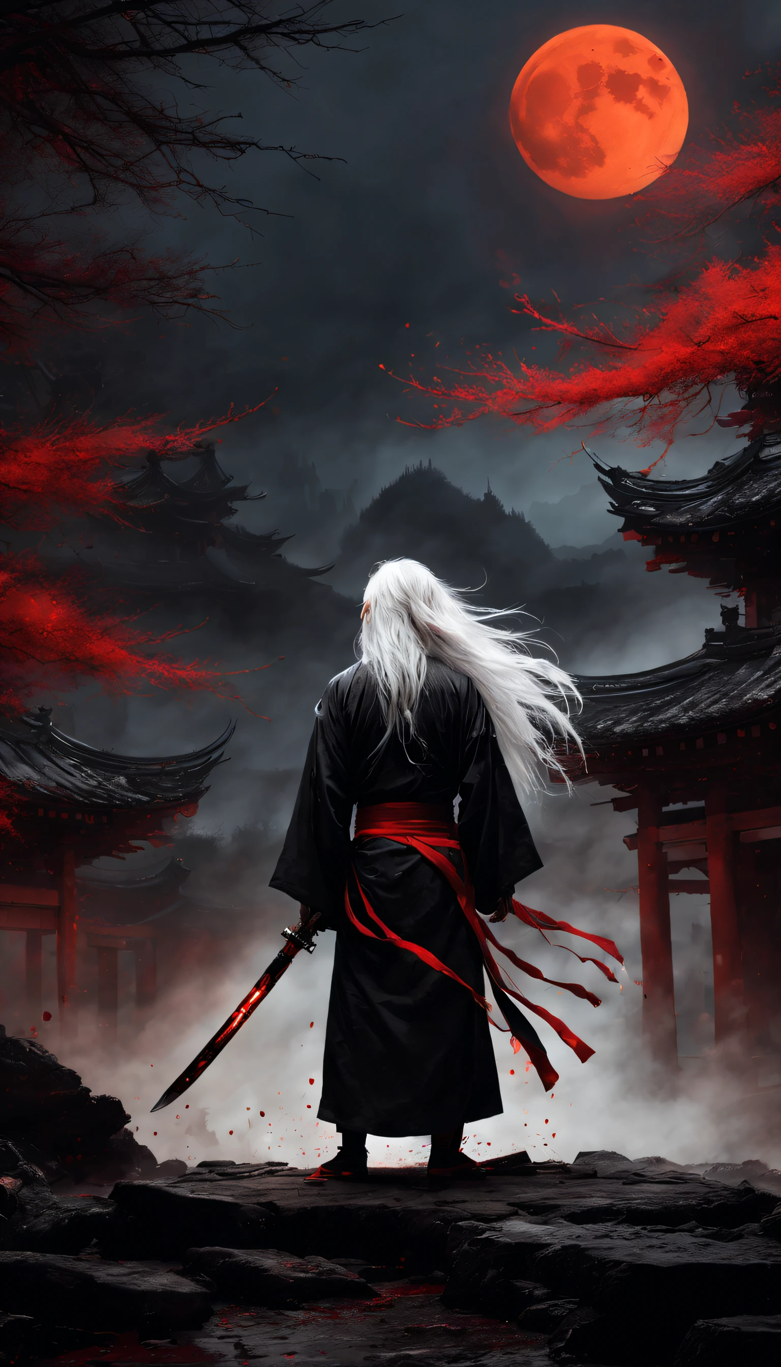 Terrible martial arts,Holding a menacing sword,Dressed in black tattered robes,Long white hair,luminous red eyes,Tattooed with,Intimidating presence,(Blood splattered),Dark and mysterious,Twisted branches,The mist rolled in,Moonlight illuminated the scene,dark palette,Subtle orange and red,Crumbling stone buildings,Remote location,mystical aura.(Best quality,4K,A high resolution,Masterpiece:1.2),Ultra-detailed,Realistic