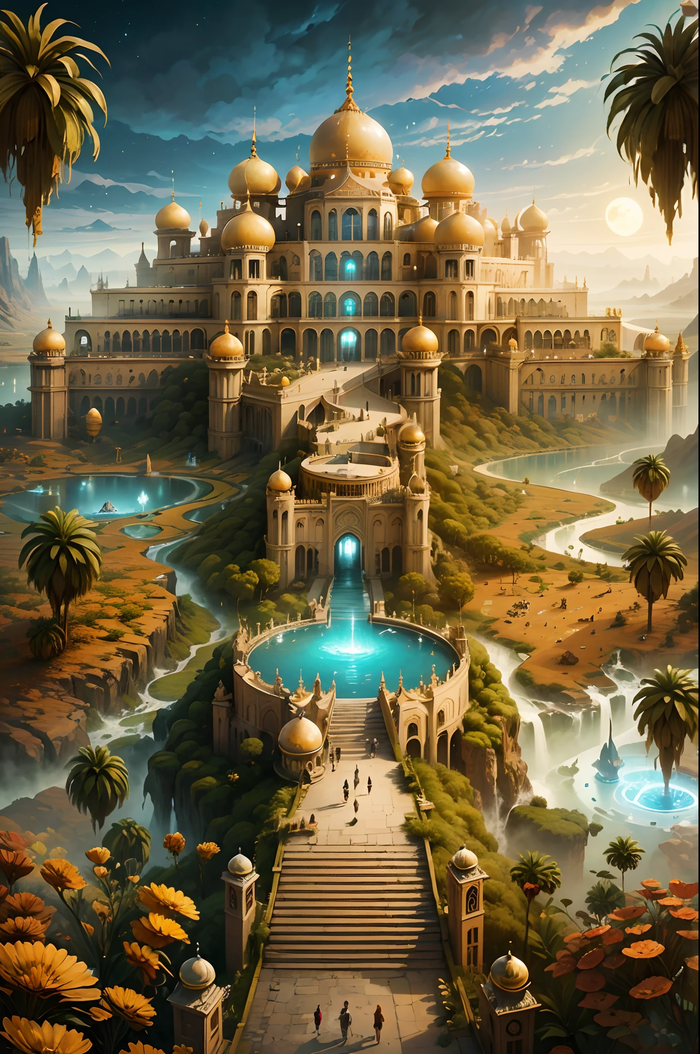 fantasy theme, very far view of a colossal Persian style silver-golden palace sits in the middle of desert with hundreds of floors and terraces and majestic palace garden inside it with a crystal clear river running below it, symmetrical, holy, majestic, heavenly, misty, foggy, colorful, fantasy structure, ((night sky)), hyper realistic, digital art, fantasy art, masterpiece, best quality