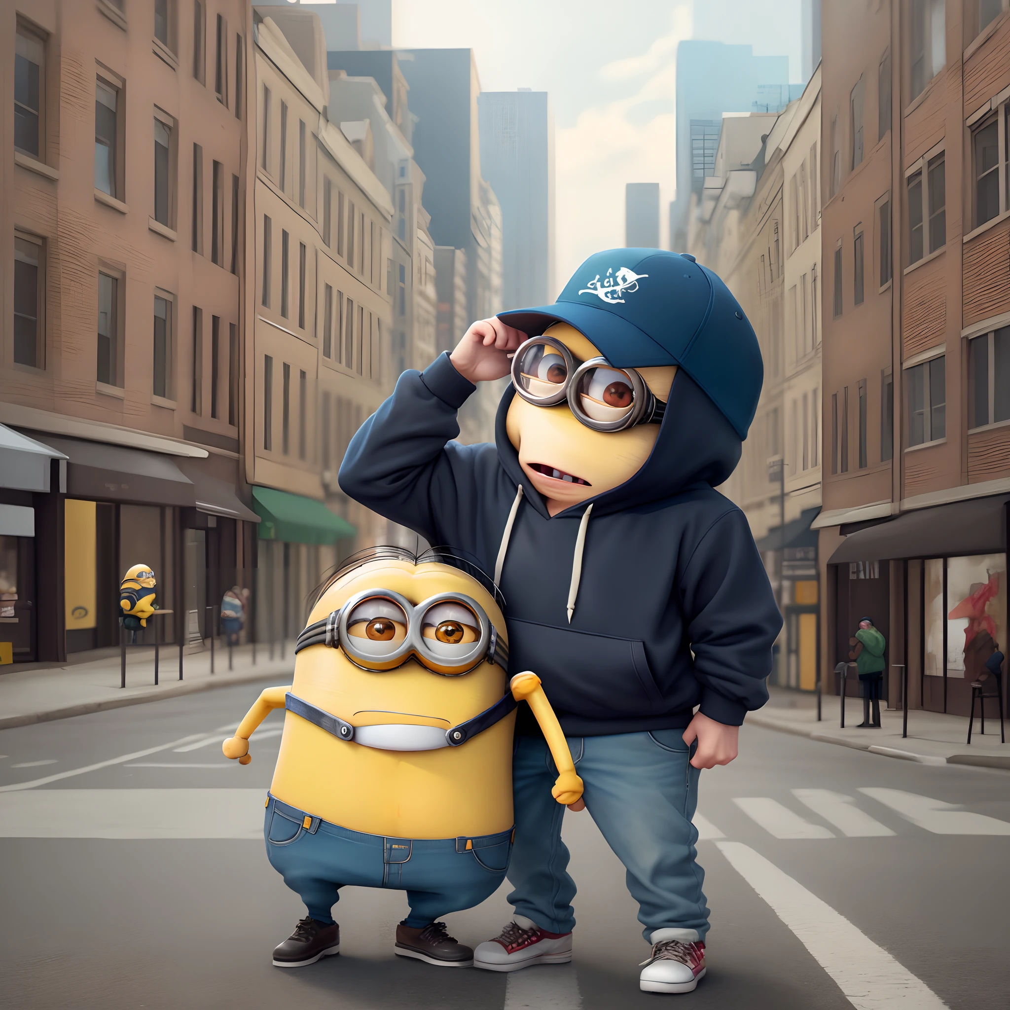 A minion sipping lean in the middle of a city with a hoodie and pitt pirates hat on