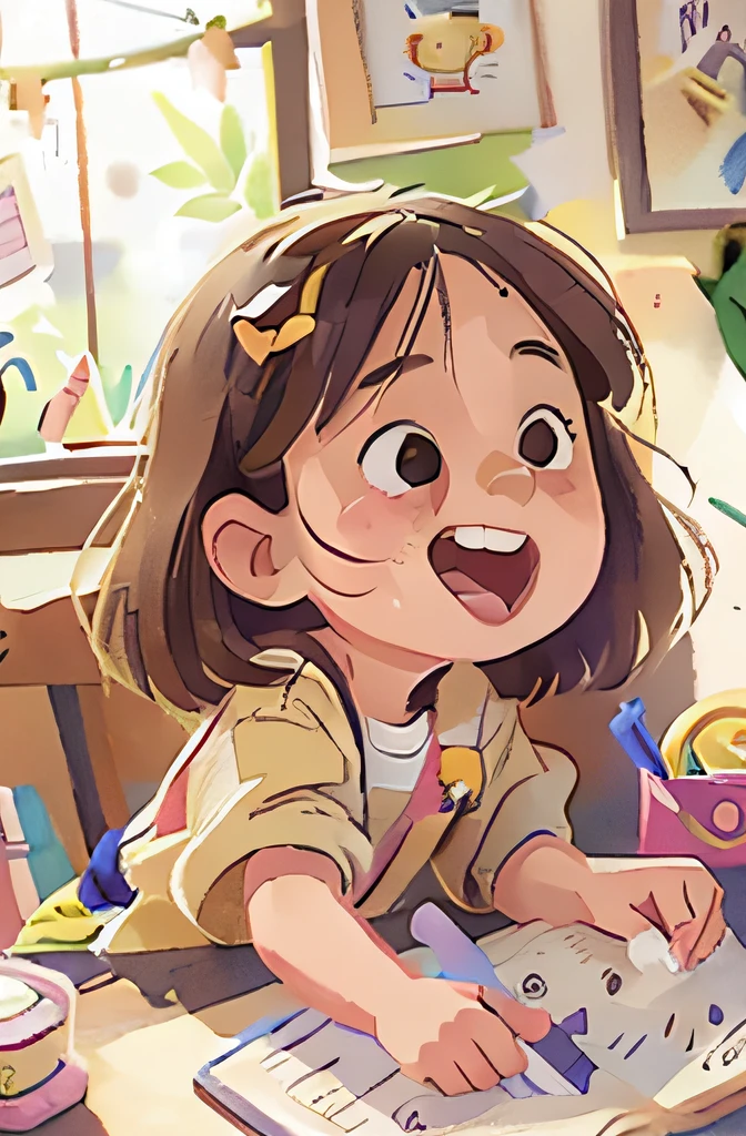 (girl:1.1,children's:0.9),multiple angle,Sketch style design,Children's illustration style,Pencil and watercolor effects,Realistic Facial Features,Natural soft light,Fine hair and clothes,Playful bright colors,Joyful expressions,Fictional background,staring right into camera