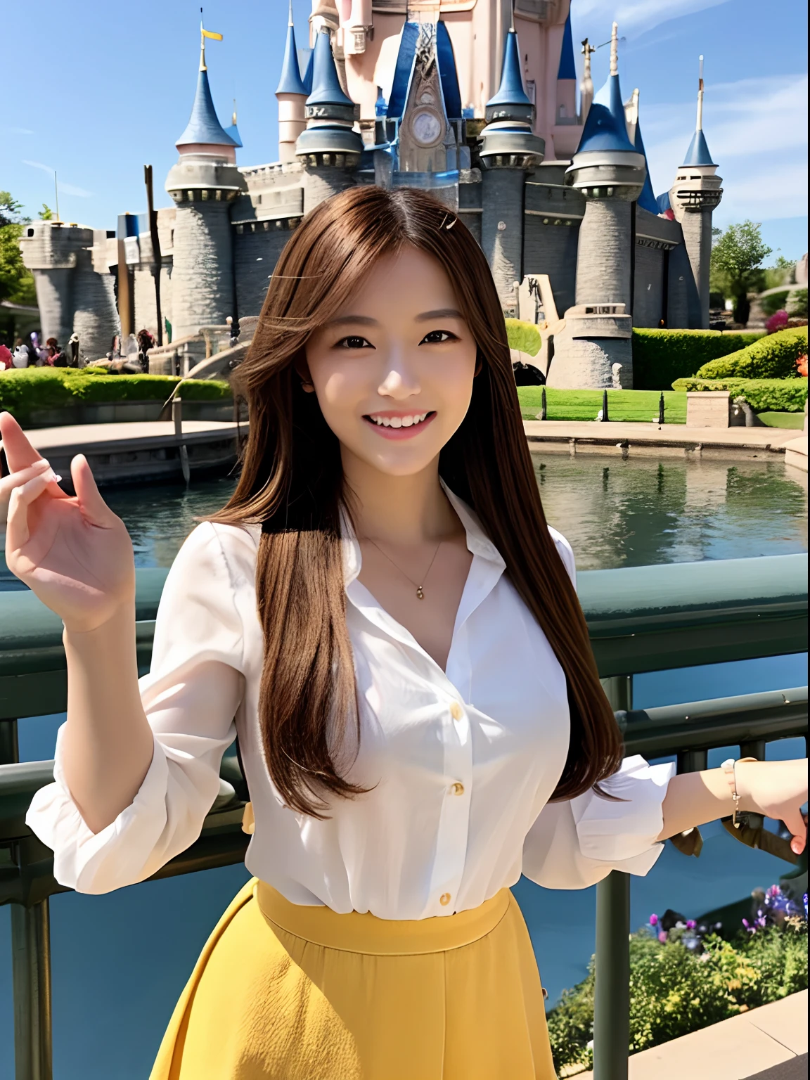 One woman、nudde、Yellow skirt、White blouses、is standing、huge tit、full bodyesbian、kawaii faces、美丽的面容、a smile、semi long hair、Brown hair、brown-eyed、from the front side、looking at viewert、Disney land、​masterpiece、Very fine and beautiful、Photorealsitic、japanes