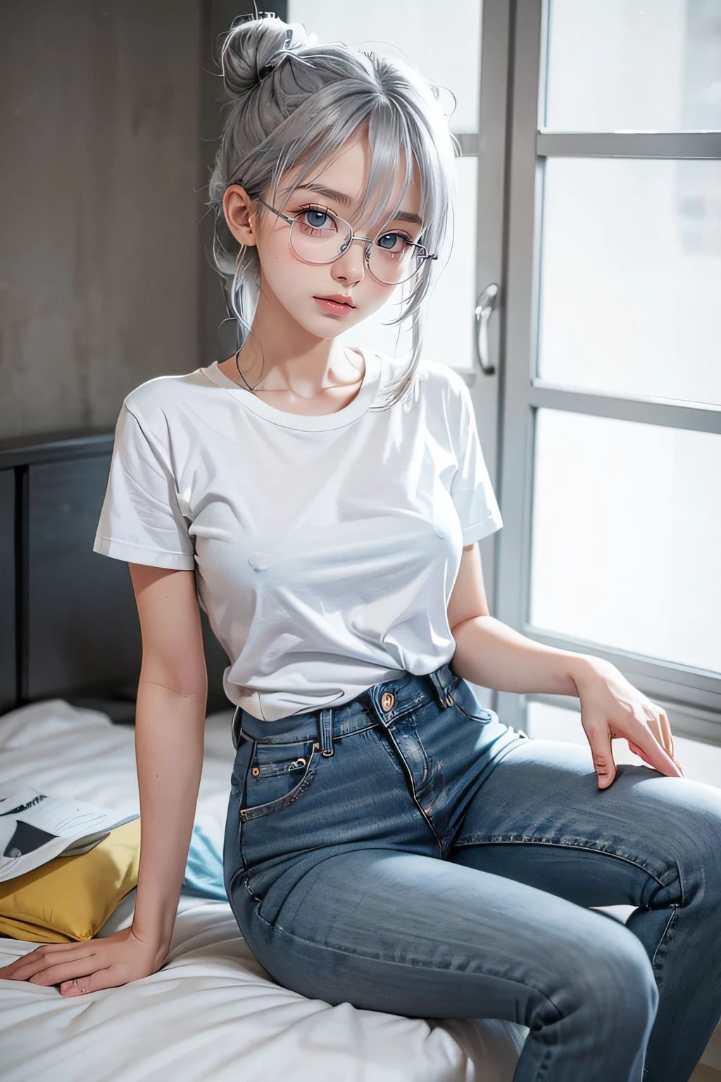 Cute  s , bun up  , portrait of a , Blue skinny jeans , a white T-shirt , spectacled , Asian , Silver-haired