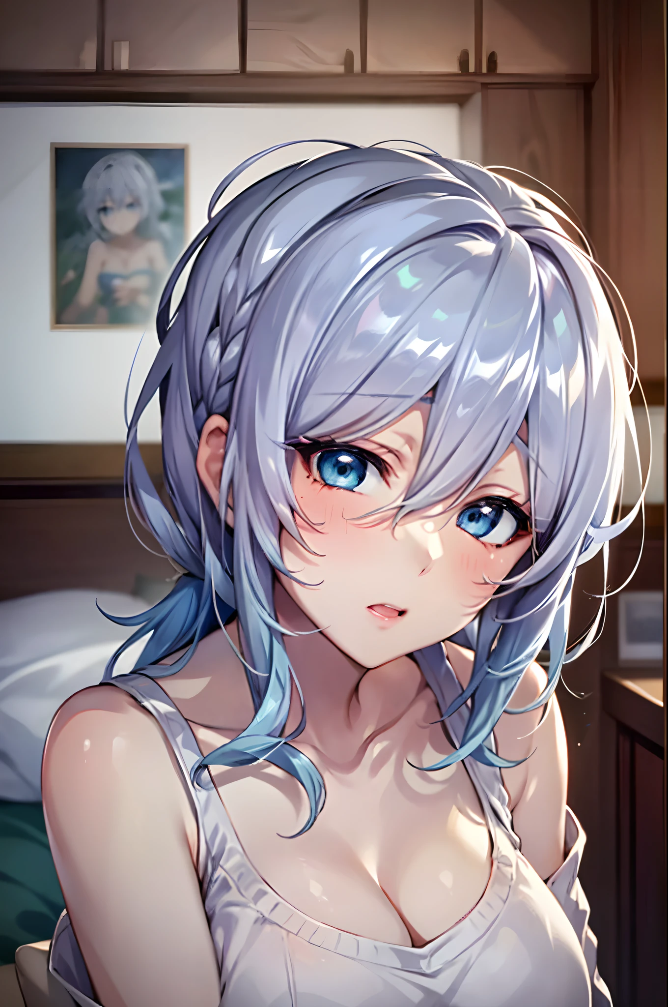 Yukino, in bed, silver hair and blue eyes, light shirt and no bra, anime visual of a cute girl, screenshot from the anime film, & her expression is solemn, in the anime film, in an anime, anime visual of a young woman, she has a cute expressive face, still from anime, big breast, red cheek, lustful face
