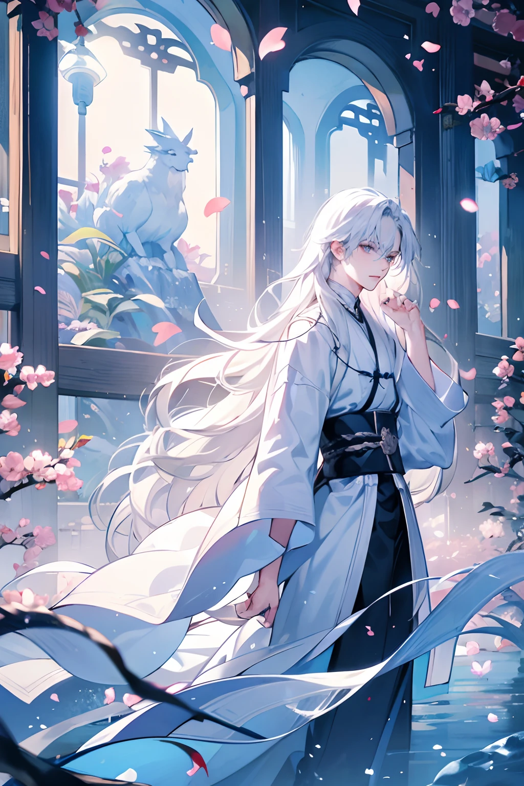 1boys，long whitr hair，Pale ager，Dark clothes，（（（Rose blanche））），white  shirt，The screen contrast is low，High brightness，Long white hair，Rose flower，bloods，Light blue leaves，softlighting，misterious ambience，Chinese landscape, En plein air, Flowers and trees, waterfallr,butterflys， Portrait, color difference, Depth of field, dramatic shadow, Ray tracing, Best quality, Cinematic lighting, Extremely detailed CG, 8K wallpaper,，