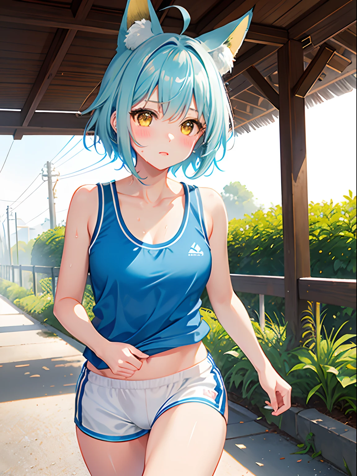 1girl in, fox ear, light blue short hair,bangs pinned back,Ahoge,Colored inner hair, yellow eyes,Cute, blush, medium breast, running, white sports bra, morning, park, sweat