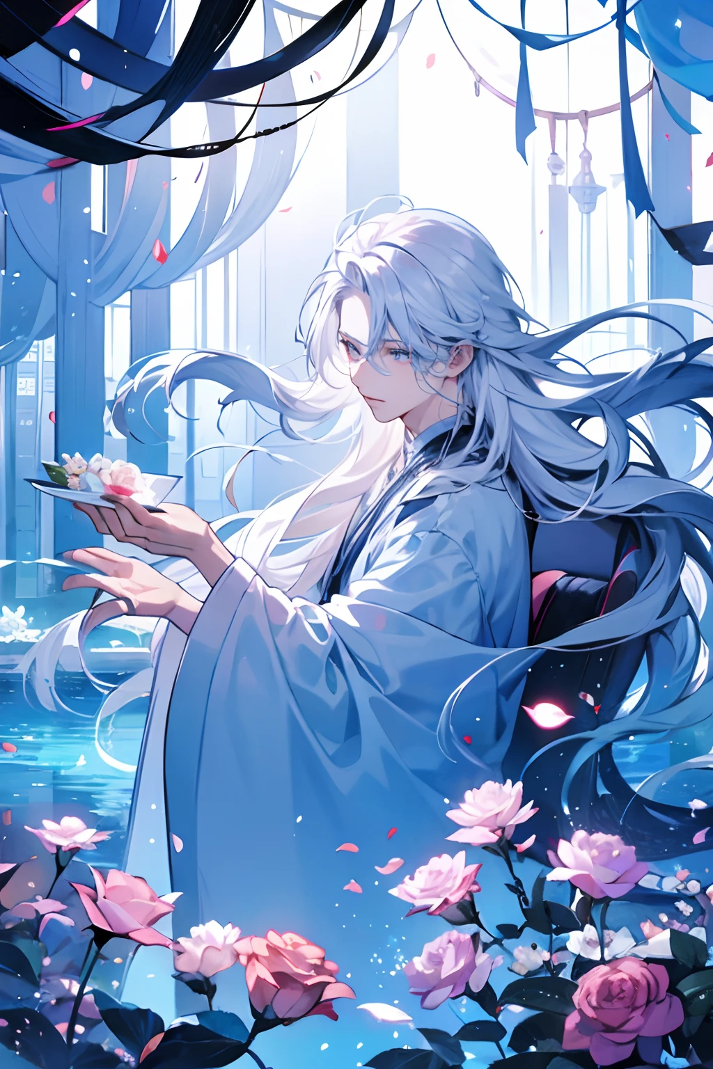 1boys，long whitr hair，Pale teenager，Dark clothes，（（（Rose blanche））），white  shirt，The screen contrast is low，High brightness，Long white hair，Rose flower，bloods，Light blue leaves，softlighting，misterious ambience，Chinese landscape, En plein air, Flowers and trees, waterfallr,butterflys， Portrait, color difference, Depth of field, dramatic shadow, Ray tracing, Best quality, Cinematic lighting, Extremely detailed CG, 8K wallpaper,，