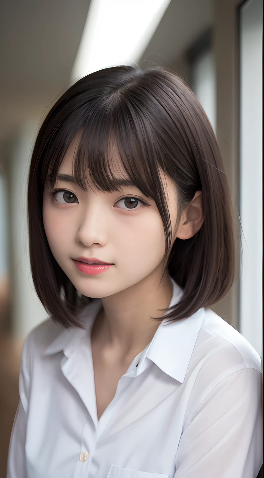 Highest quality,8K,High definition,Professional Lighting,,Beautiful face like an actress,Yuuki Sugiura,With bangs,White blouse,tie,navel,Grey mini skirt