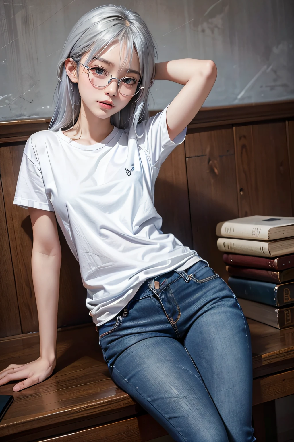 Cute  s , nsfw , portrait of a , Blue skinny jeans , a white T-shirt , spectacled , Asian , Silver-haired