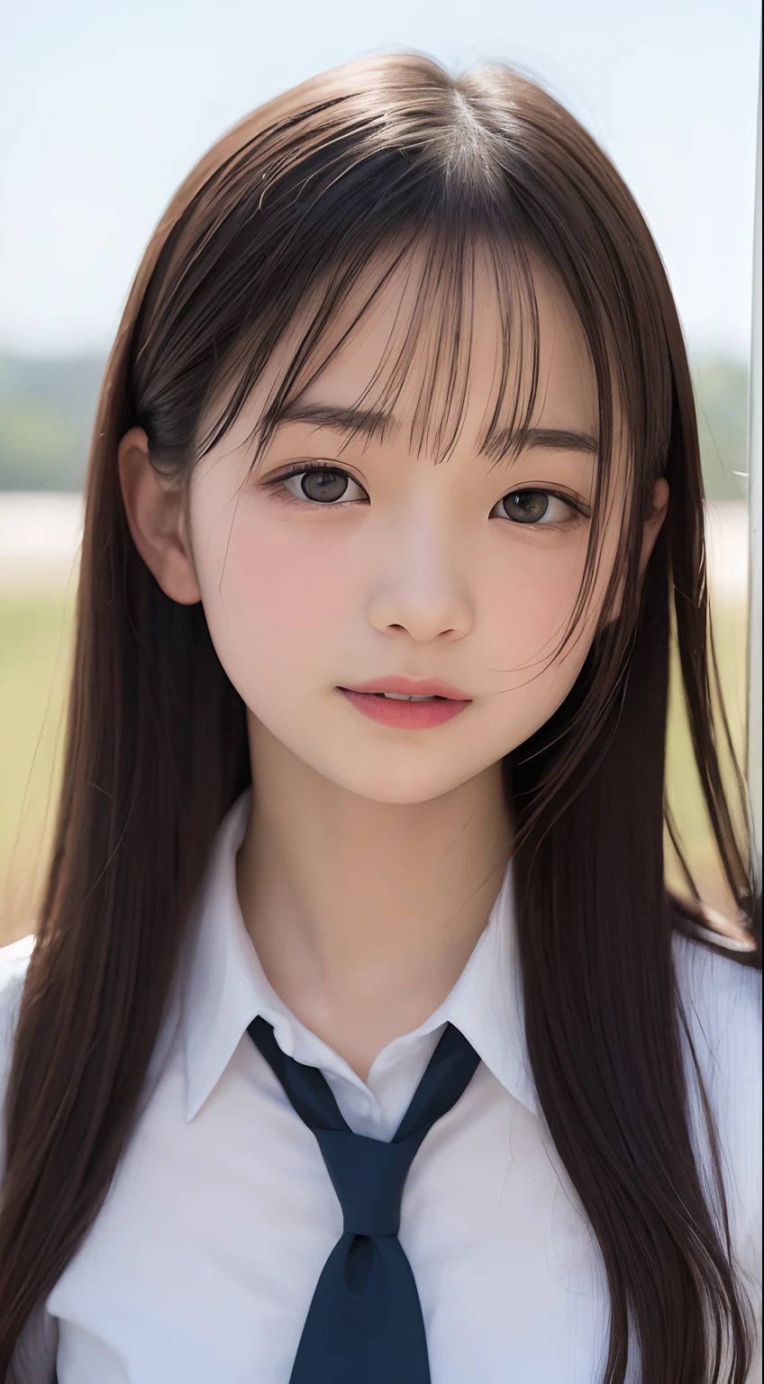 masutepiece, Best Quality, 8K, 8years old, Teen, Raw photo, absurderes, award winning portrait, Smile, Solo,  Idol face, Delicate girl, Upper body, Digital SLR, Looking at Viewer, Candid, Sophisticated,Thin arms, Professional Lighting, Film grain, chromatic abberation, (Eyes and faces with detailed:1.0), (Bokeh:1.1) , (Office Lady Uniform:1.1) , closes mouth , A dark-haired , drooing eyes , large full breasts , (Thick lip:1.2) , 15-year-old face , red-lips , SM Play