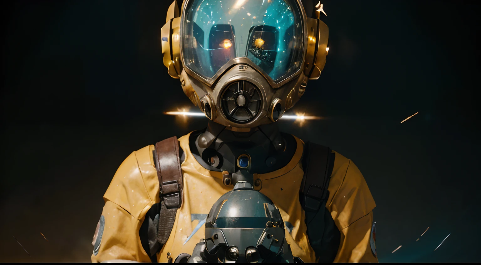 A Robot Girl with Rocketeer and helmet gas mask, tongs in hands, Tv head, pinhead, Black and Yellow Pink Cyan Rusty, Ambient in a meteorite crater super detailed, center, beautiful, soft lighting, focused on the character, 4K resolution, photorealistic rendering.