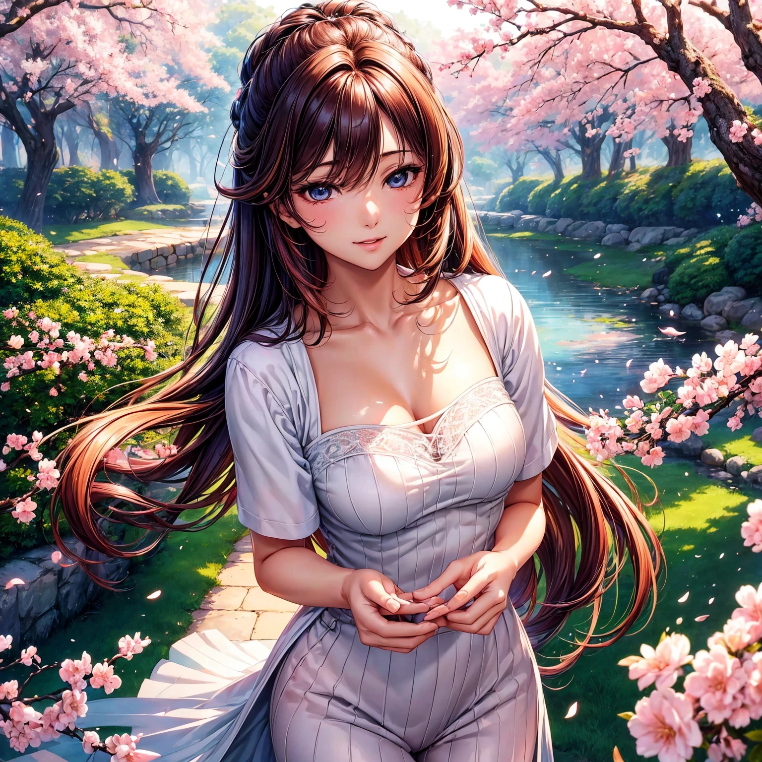 (top-quality,masterpiece,超A high resolution,HD image quality),a beauty girl,teens girl,Beautiful girl,beautiful a girl,Lovely girl,Perfect Beautiful Girl,Short sleeve sweater,Cute clothes,There is cleavage on the chest,a smile,Well-shaped and beautiful boobs,Excellent style,Erotic Cute,multicolored hair,beautidful eyes,A path lined with flourishing cherry blossom trees,beautiful anime woman, Beautiful Art Style, an animated character、(The whole picture、Detailed picture、accurate anatomy、Defect-free images、extremely detailed picture、Accurate images、Perfect Image 1.5)、(Best Shot Photos)