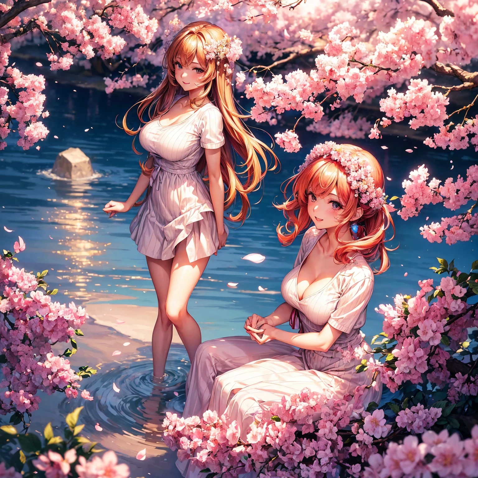 (top-quality,masterpiece,超A high resolution,HD image quality),a beauty girl,s girl,Beautiful girl,beautiful a girl,Lovely girl,Perfect Beautiful Girl,Short sleeve sweater,Cute clothes,There is cleavage on the chest,a smile,Well-shaped and beautiful boobs,Excellent style,Erotic Cute,multicolored hair,beautidful eyes,A path lined with flourishing cherry blossom trees,beautiful anime woman, Beautiful Art Style, an animated character、(The whole picture、Detailed picture、accurate anatomy、Defect-free images、extremely detailed picture、Accurate images、Perfect Image 1.5)、(Best Shot Photos)
