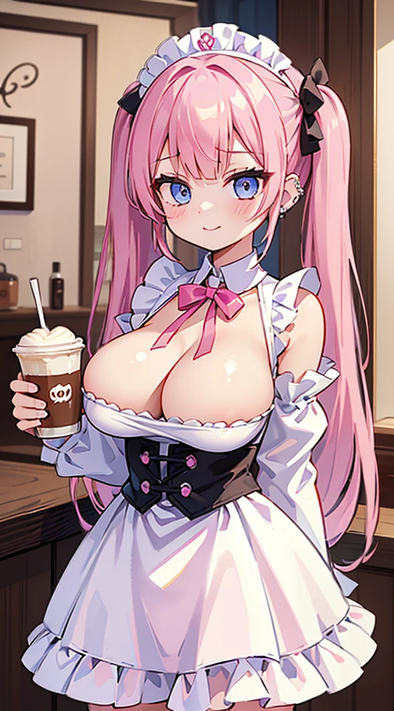 (masterpiece、top-quality、ultra-detailliert)、((1 girl))、((Pink hair twin tails))、light blue eyes、evilsmile、piercings、((very large breast))、maid clothes、off shoulders、a miniskirt、cowboy shot、Coffee shop background