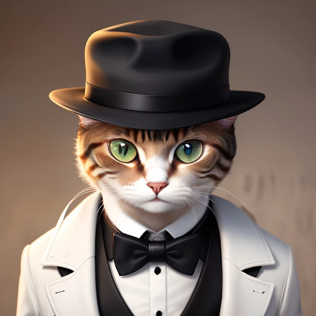 Gentlemanly cat Black hat Tuxedo Crisp eyes White coat Black hat a bow tie