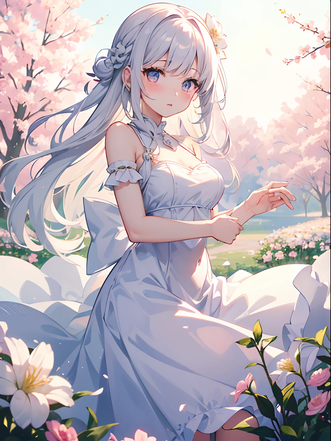 ((top quality)),(ultra high resolution),(Super detailed),(detailed description),((the most picturesque works of art),super precision art,amazing art of depiction,fantasy art:1.5, ((綺麗なflower々:1.3)), (glamorous body:1.5),fancy background effects、masterpiece、fancy details、(NSFW 1.1), ((1 female)), ((muste piece)), ((extremely detailed:1.3)), ((Beautiful woman entering the lake in crystal clear water)), ((beautiful long hair)), wet hair, wearing a transparent dress, Bathing clothed, (水に浮かぶバラのflowerびら:1.5), (early morning light), ivory gold AI, temple, crepuscular lighting, (very huge )、pink nipples、pink areola,Transparent pink areola、((Transparent pure white wedding dress that shows your skin、Detailed design))、Arranged,intimate, rose garden、colorful roses、lake with floating roses、wet body、(頭にflowerの装飾)、大きなflowerいっぱい、solo, water play, flowerいっぱいの髪飾り, flower々, sky porn,Pure white dress that becomes transparent when wet, shines wet with water、(muste piece),(Highly detailed CG Unity 8K wallpaper),best quality,cinematic lighting,detailed background,beautiful detailed eyes,bright pupils, (very delicate and beautiful),(Beautiful and detailed eyes),((muste piece)),(Purple eyes)