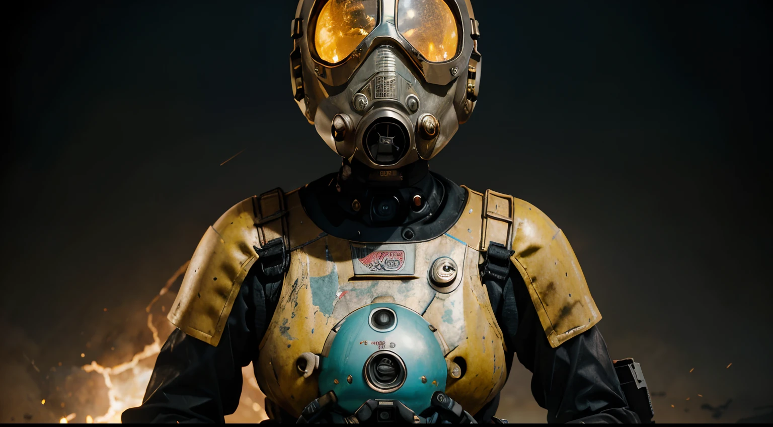 A Robot Girl with Rocketeer and helmet gas mask, tongs in hands, Tv head, pinhead, Black and Yellow Pink Cyan Rusty, Ambient in a meteorite crater super detailed, center, beautiful, soft lighting, focused on the character, 4K resolution, photorealistic rendering.