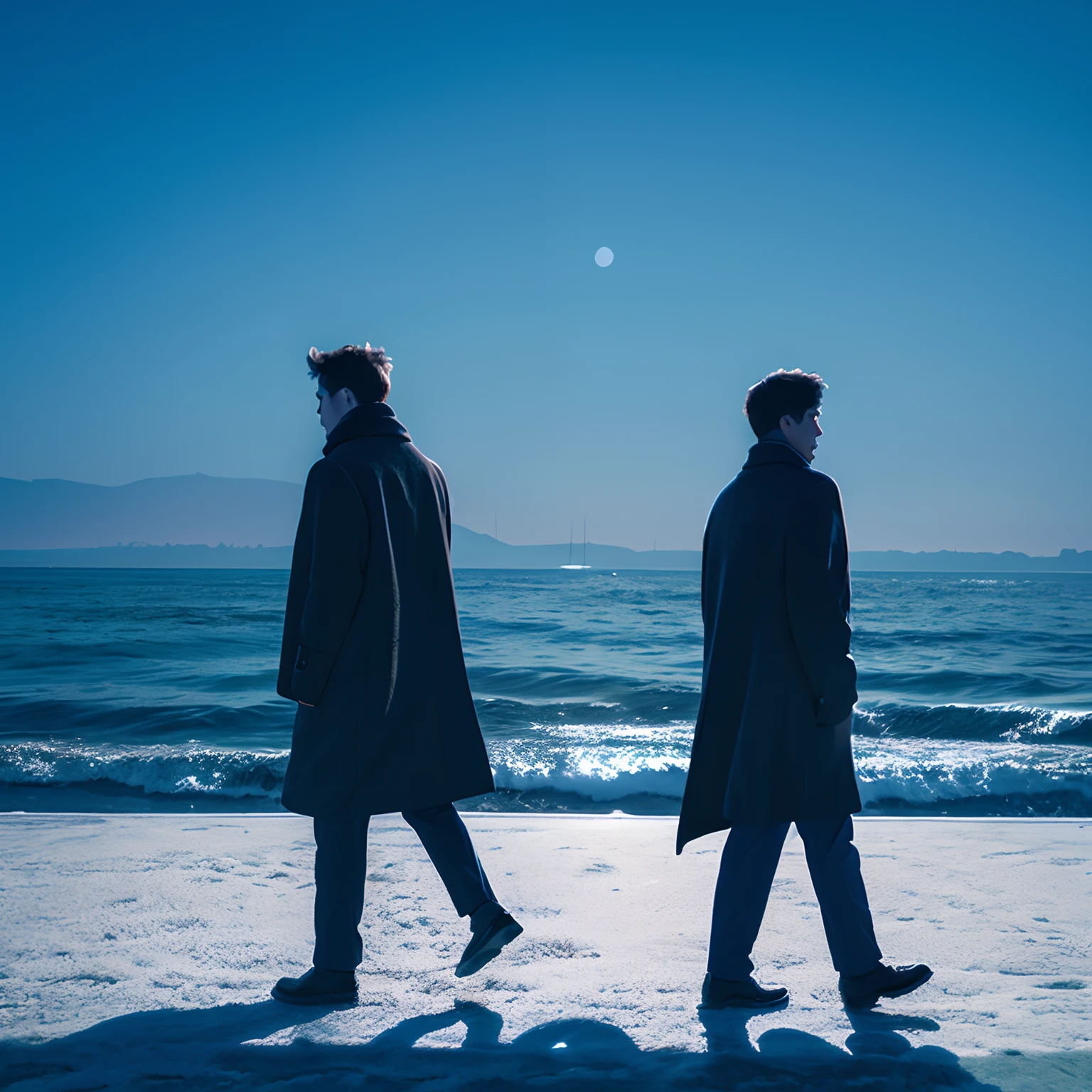 illustratio,2 males,low angles,natta,Winters,sigh,backs,Walking,stele,Shadow on the ground,Blue gradient,Cold Expression,murky,sea side