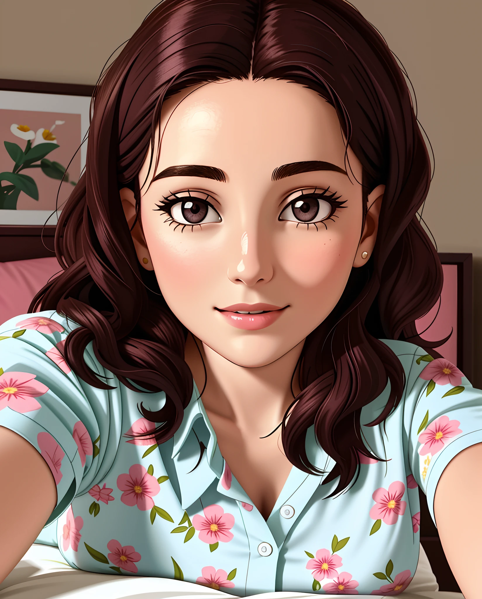 arafed woman laying on a bed with a flowered shirt, 3 0 years old woman, 30 years old woman, bedroom eyes, selfie of a young woman, charli bowater, taken in the early 2020s, 2 9 years old, 2 8 years old, 3 2 years old, julia sarda, on my bed, iphone selfie