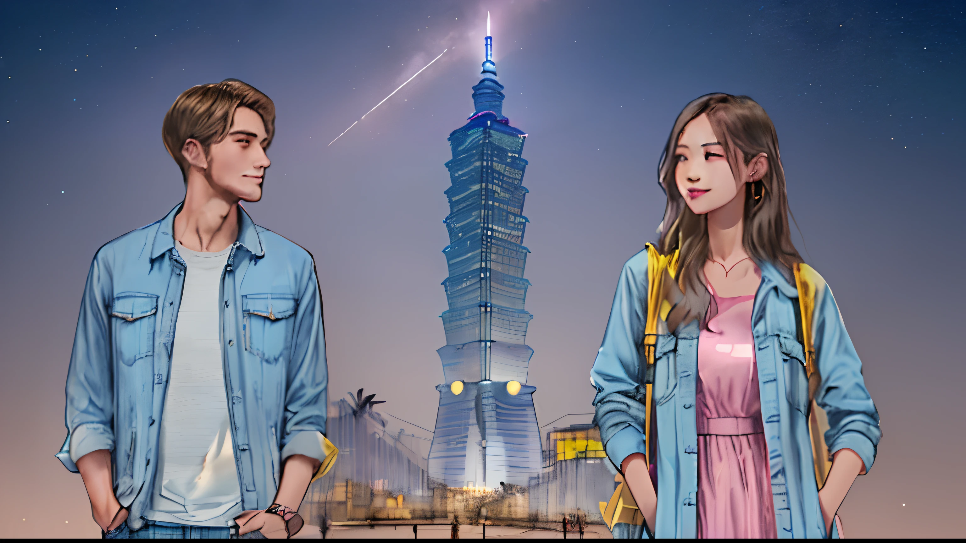 Sketch of a beautiful girl wearing a pink dress and a light blue jacket and a man wearing a white t-shirt, blue jeans and a dark yellow jacket, with the Taipei 101 building in the background and shooting stars in the dark blue night sky.