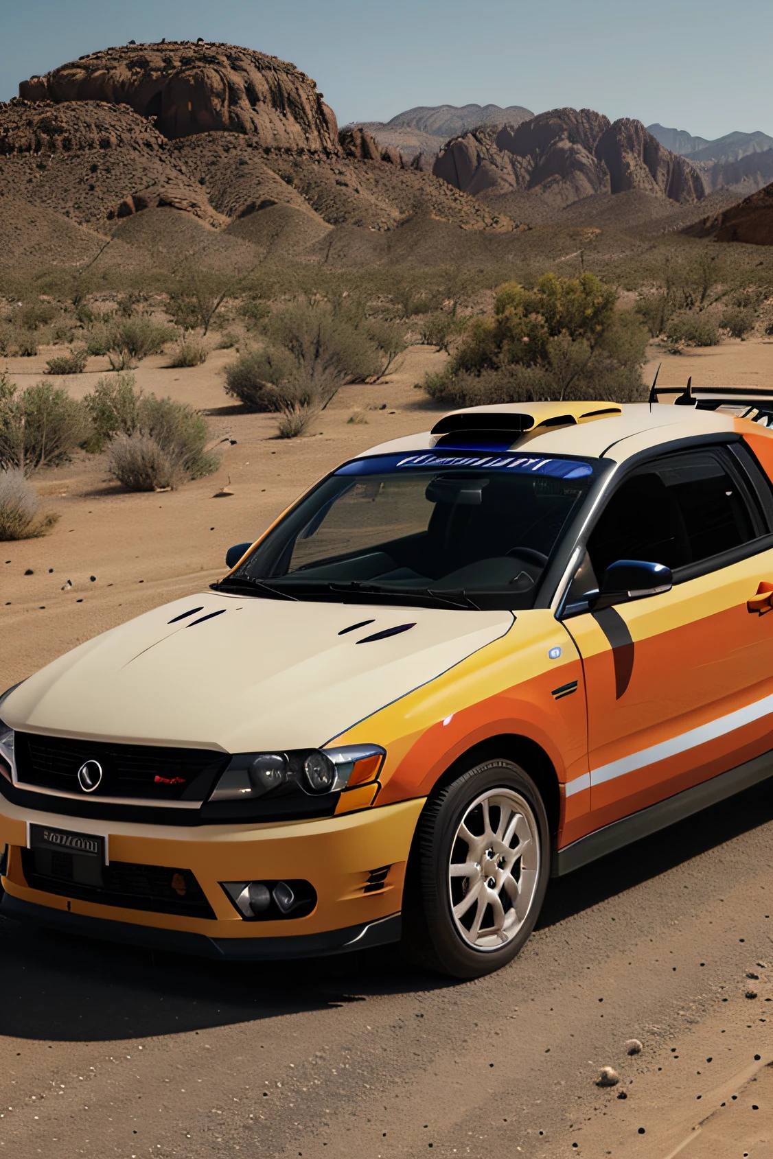 1 car, rally car, fast car, desert, liveries, ultra sharp image, high definition, cinematic lighting, high resolution, high quality, 8k, neoprene, ultra sharp focus