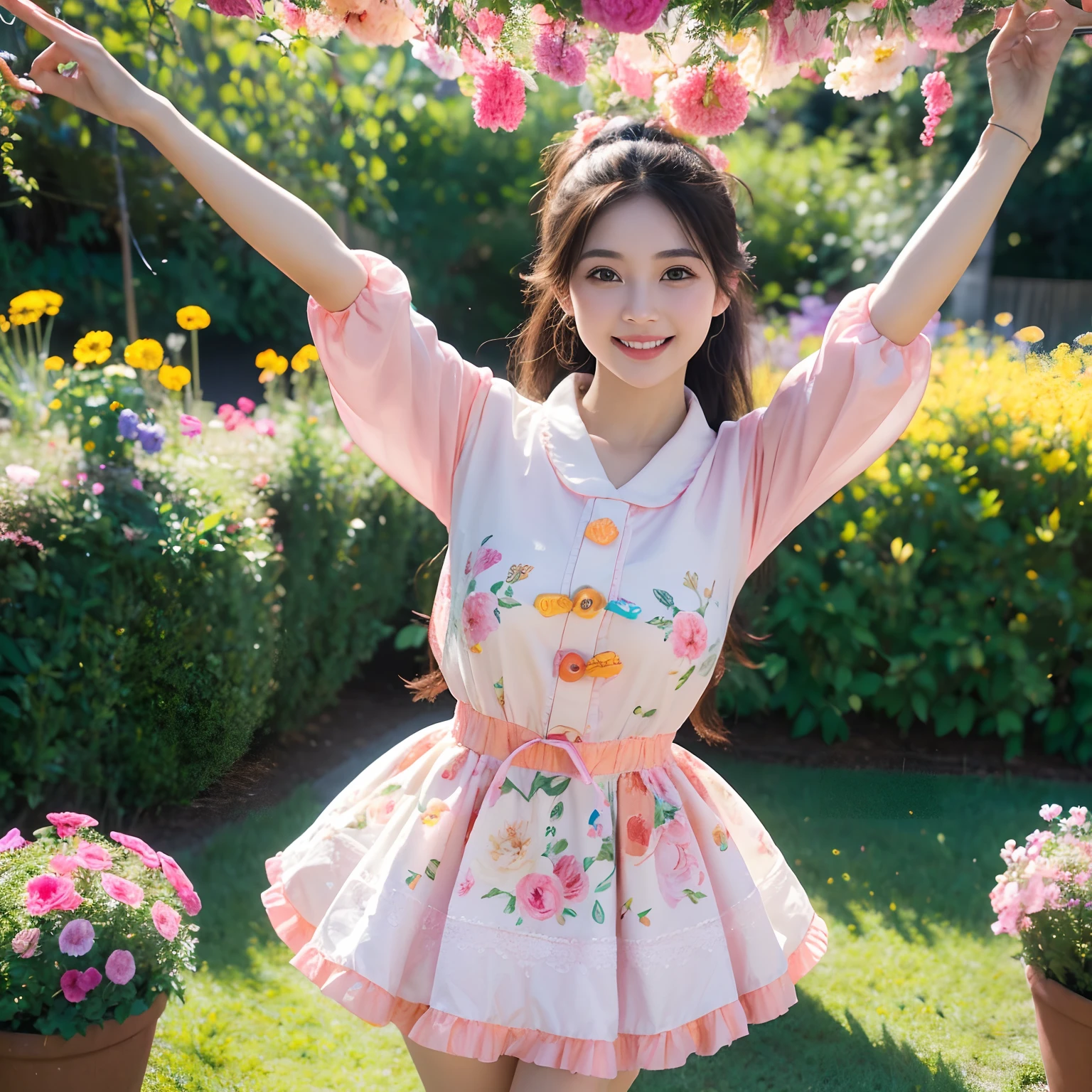 with a girl：her hair is black and short、14 years、laughter、Her face is round and cute。(((white and pink mini apron)))、Floral。white sandal shoes、The ribbon is attached to the ankle。(running in the meadow with a girl:1.3)、scene：There is a beautiful scene floating in the background.、blue sky, White cloud, Green meadows and colorful flowers。The scene is softly painted like a watercolor painting.、It's a dreamy atmosphere。The scene expresses the imagination and sensibility of the girl、Pubic hair shows completely naked pubic hair) ,more_be familiar with:1.5, (More and more_be familiar with:1.9)、