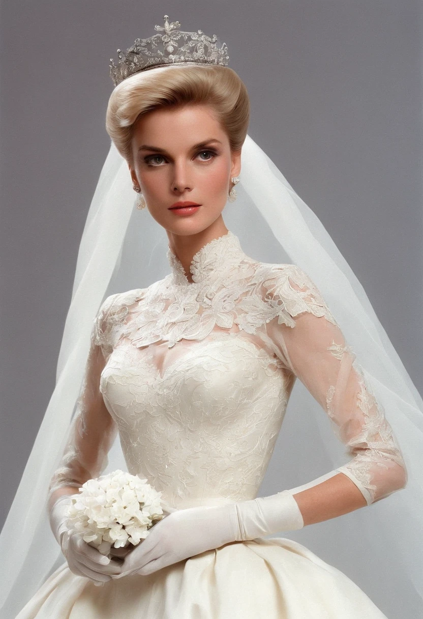 1980s style, Design sketch, Princess Grace's royal wedding dress updated for the late 1980's with a Cinderella aesthetic, influenced by Princess Diana's and Sarah Ferguson's wedding dresses