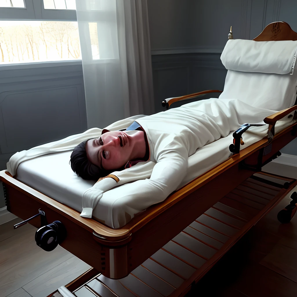Scrawny and thin man laying in a hospital bed face down. he is laying on the front, he has fresh stitches all along his back. On the tables next to him are his removed spine bones. the whole spine skelet is on the table, no other bones.