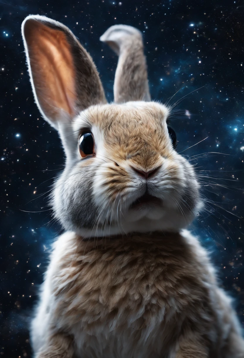 A rabbit is looking into space、 It is surrounded by a cosmic ocean of galaxies and nebulae that form a unique constellation. In the bubble surrounding it、Contains fragments of knowledge and secrets of the universe. The photo was taken with an 18mm wide-angle camera, In 8K Photorealism, Create images that evoke wonder and admiration for the vastness of the universe. golds.