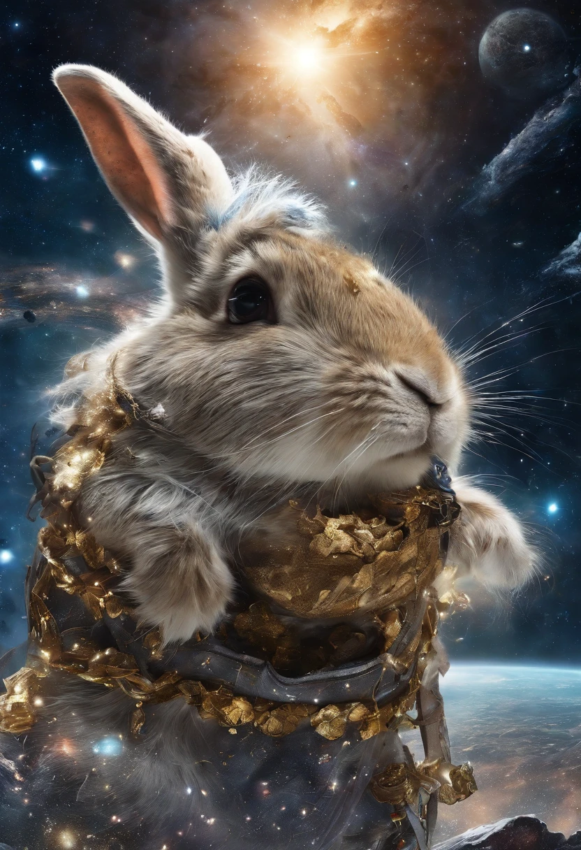 A rabbit is looking into space、 It is surrounded by a cosmic ocean of galaxies and nebulae that form a unique constellation. In the bubble surrounding it、Contains fragments of knowledge and secrets of the universe. The photo was taken with an 18mm wide-angle camera, In 8K Photorealism, Create images that evoke wonder and admiration for the vastness of the universe. golds.
