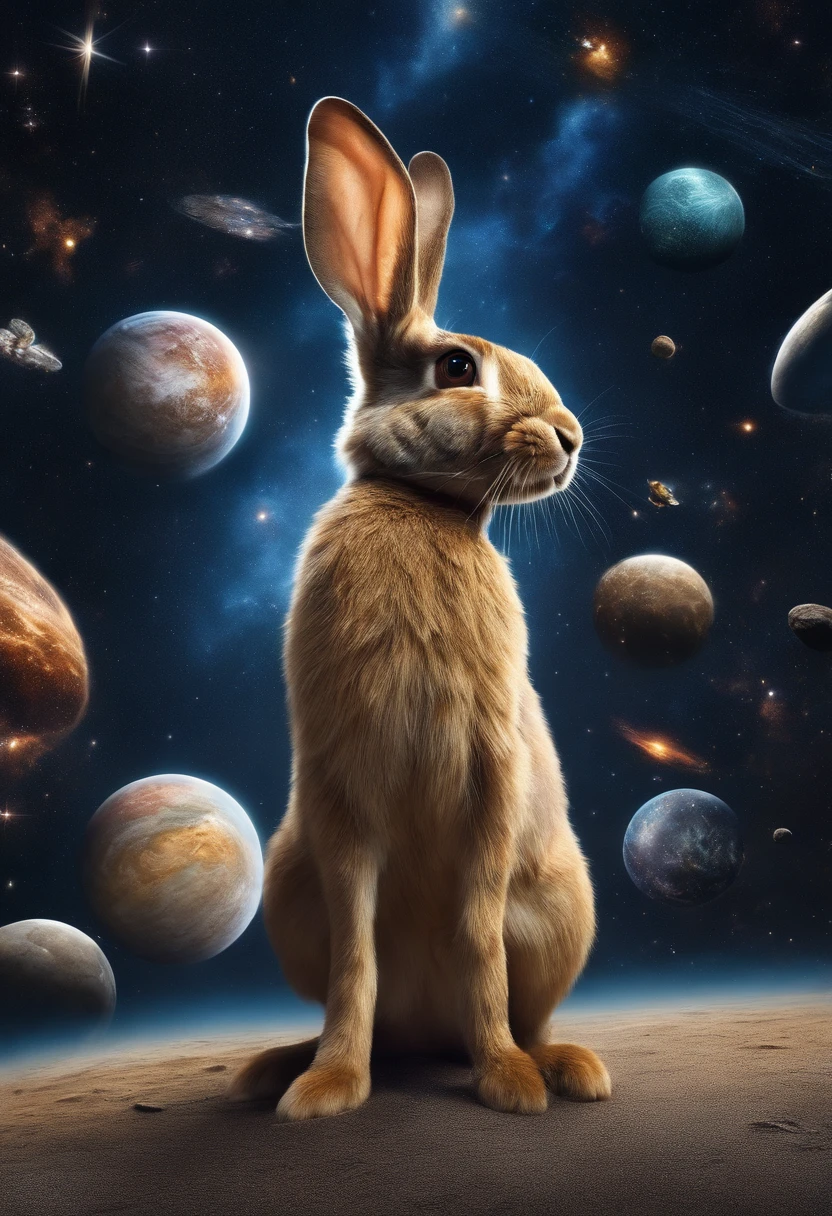 A rabbit is looking into space、 It is surrounded by a cosmic ocean of galaxies and nebulae that form a unique constellation. In the bubble surrounding it、Contains fragments of knowledge and secrets of the universe. The photo was taken with an 18mm wide-angle camera, In 8K Photorealism, Create images that evoke wonder and admiration for the vastness of the universe. golds.