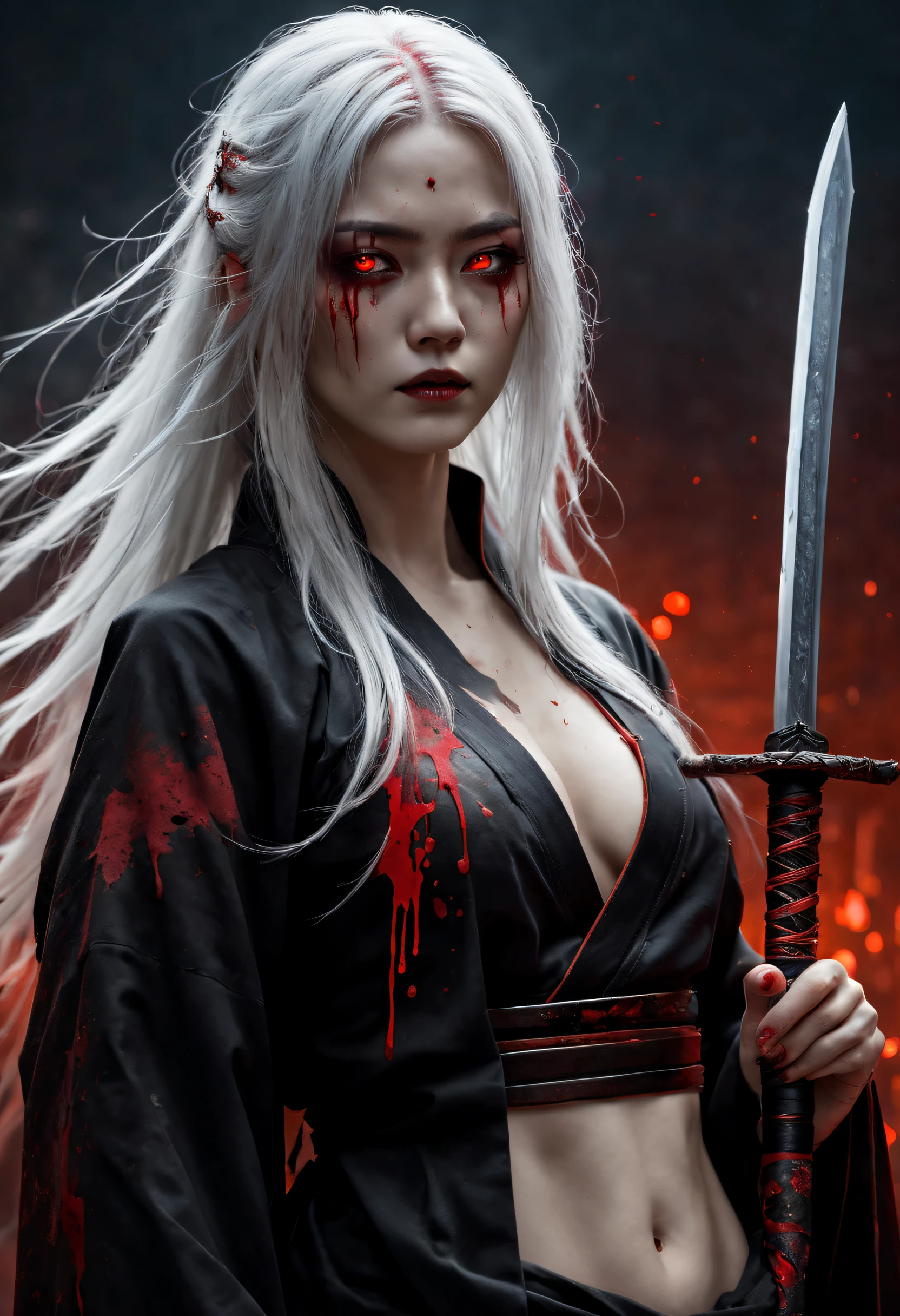 Terrible female martial arts,Holding a menacing sword,Dressed in black tattered robes,Long white hair,luminous red eyes,Tattooed with,Intimidating presence,(Blood splattered),Dark and mysterious,Twisted branches,The mist rolled in,Moonlight illuminated the scene,dark palette,Subtle orange and red,Crumbling stone buildings,Remote location,mystical aura.(Best quality,4K,A high resolution,Masterpiece:1.2),Ultra-detailed,Realistic