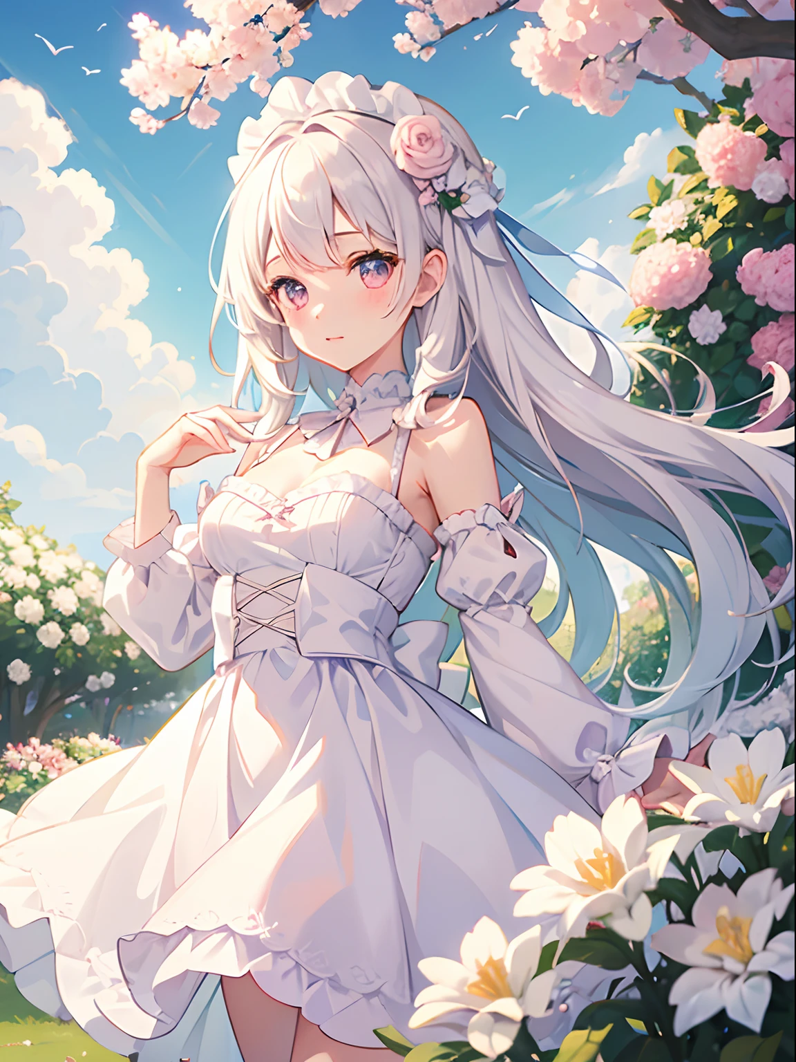 1girl, white medium hair, light pink eyes, center parted hair, cute, blush, medium breast, white dress, flower garden, noon, blue sky, beautiful