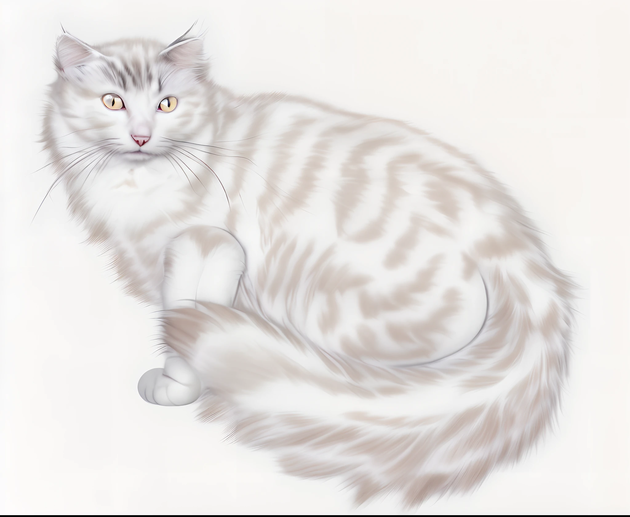 A drawing of a cat lying on a white surface, illustration of a cat, From Charles Kinner, Hand drawn illustrations, The head is round，Nose pink；The curly ears are folded back，The interior is light pink；The eyes are orange，Walnut shaped；Brownish-yellow to light orange hairs，Soft and rich；The body is rectangular in shape；Tail hairsTail hairs are scattered，featheriness。
