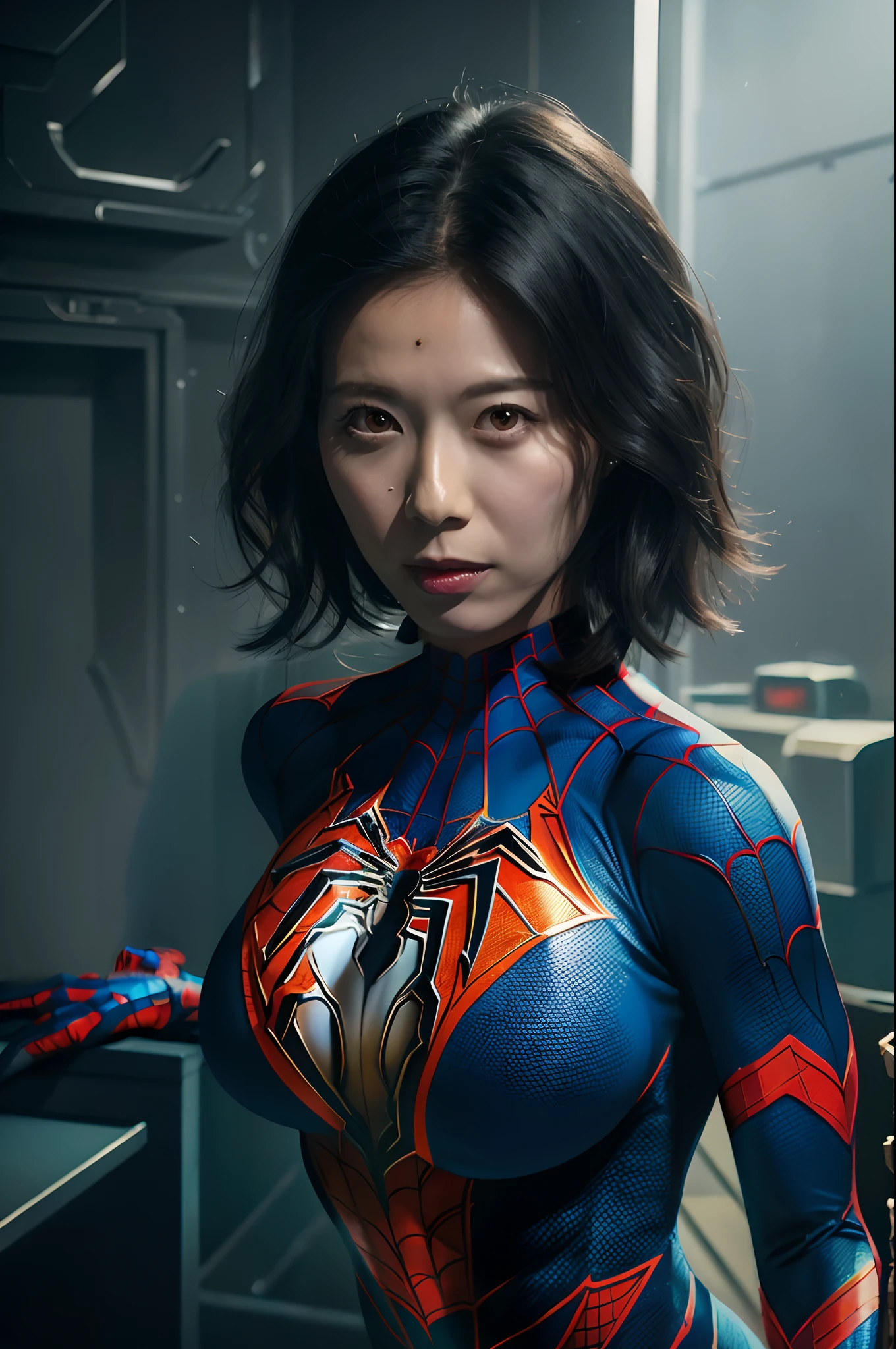 (bust,large breasts,Spider-Woman,Spider-Man costume),illustration,detailed background,comic book inspired style,vibrant colors,warm lighting,realistic shading,best quality,ultra-detailed,highres,(Emily Blunt:1.1),strong presence,confident pose,action-packed scene,heroic expression.