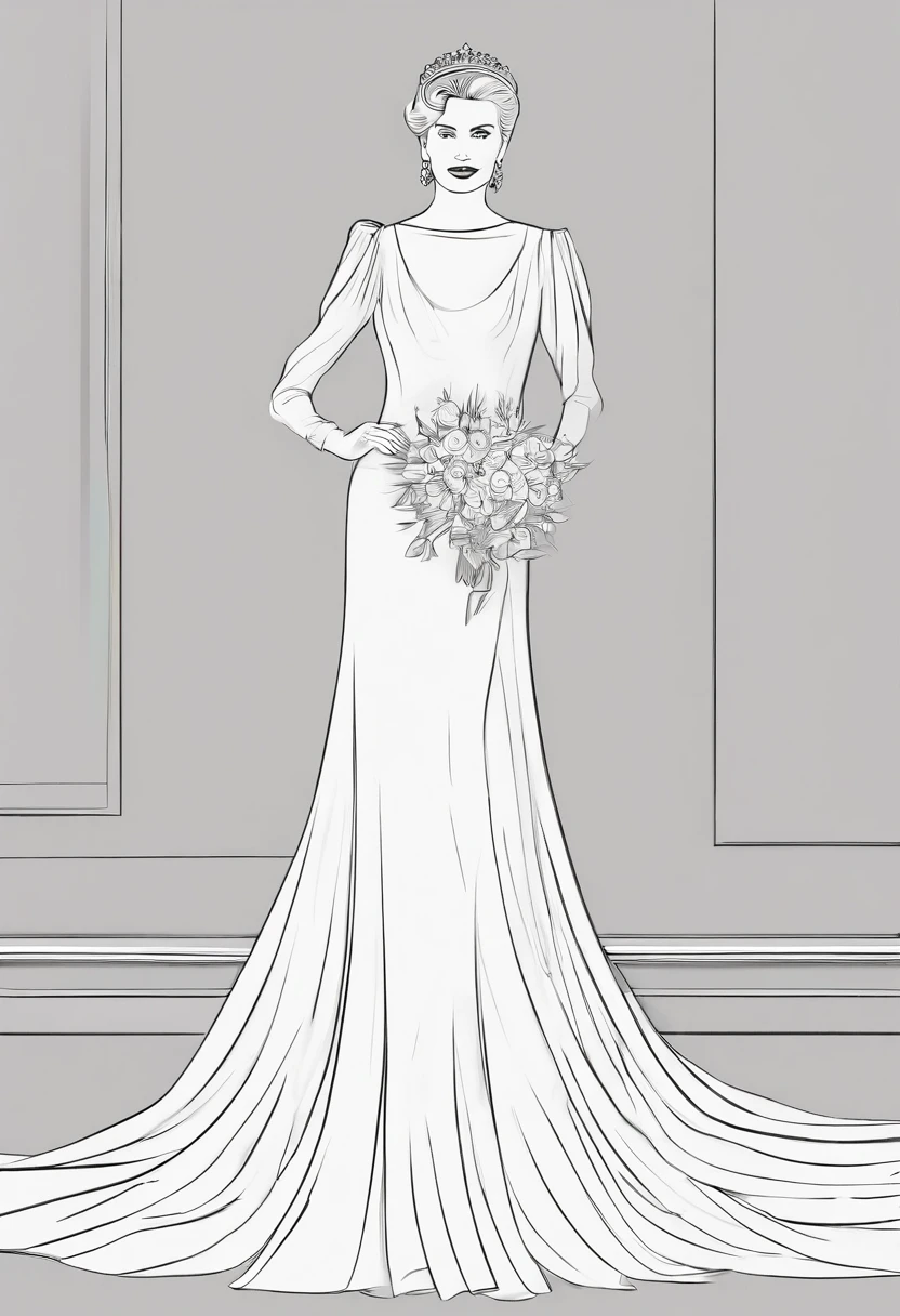 1980s style, Design sketch, Princess Grace's royal wedding dress updated for the late 1980's with a Cinderella aesthetic, influenced by Princess Diana's and Sarah Ferguson's wedding dresses