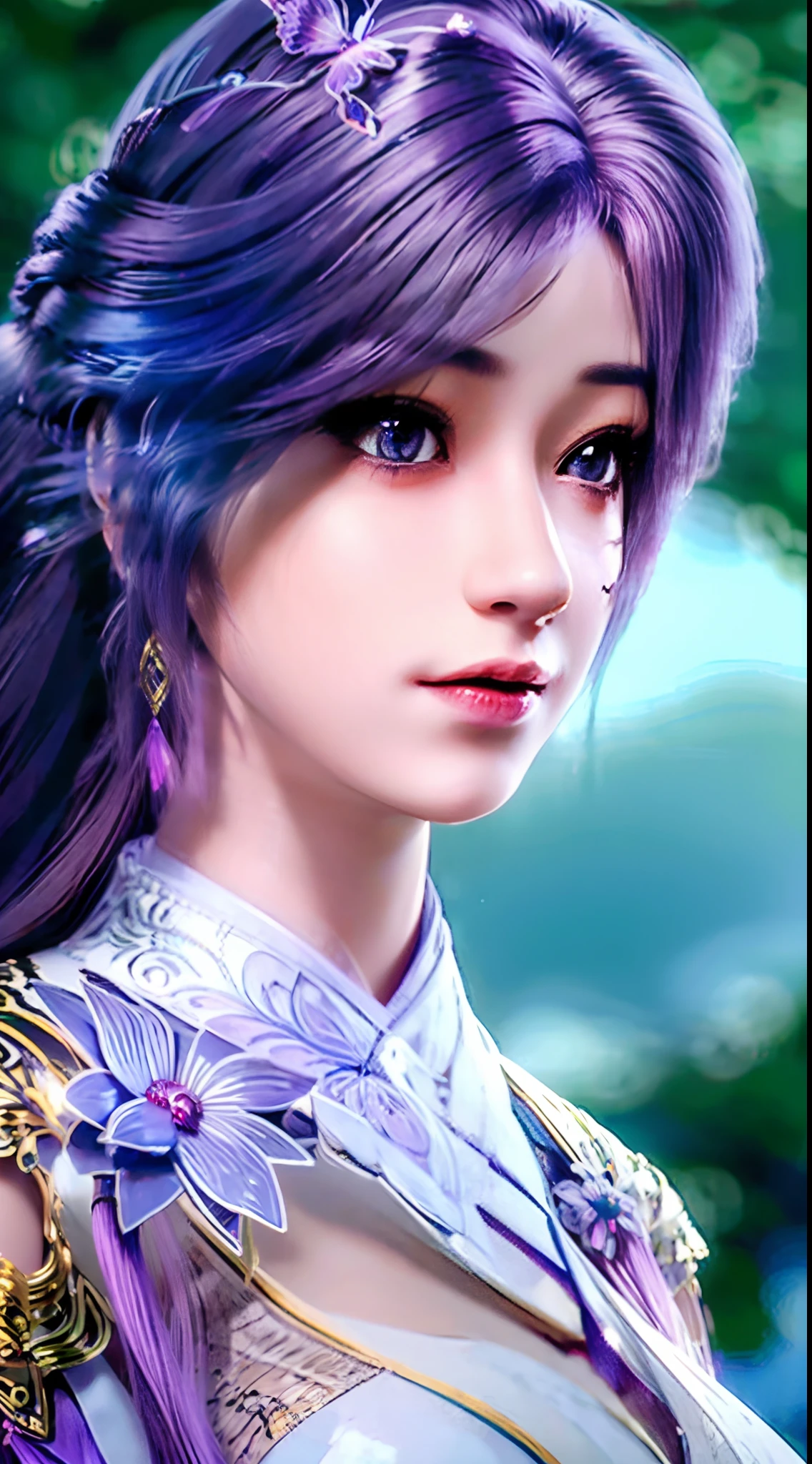 (Masterpiece:1.3),(Best quality:1.4),(Upper body:1.3),(Photorealistic:1.4),Yunxi,Long hair,Purple eyes,Butterfly,(Ultra detailed:1.3),Masterpiece,Unity 8k wallpaper,dress,hair adornments,Purple hair,