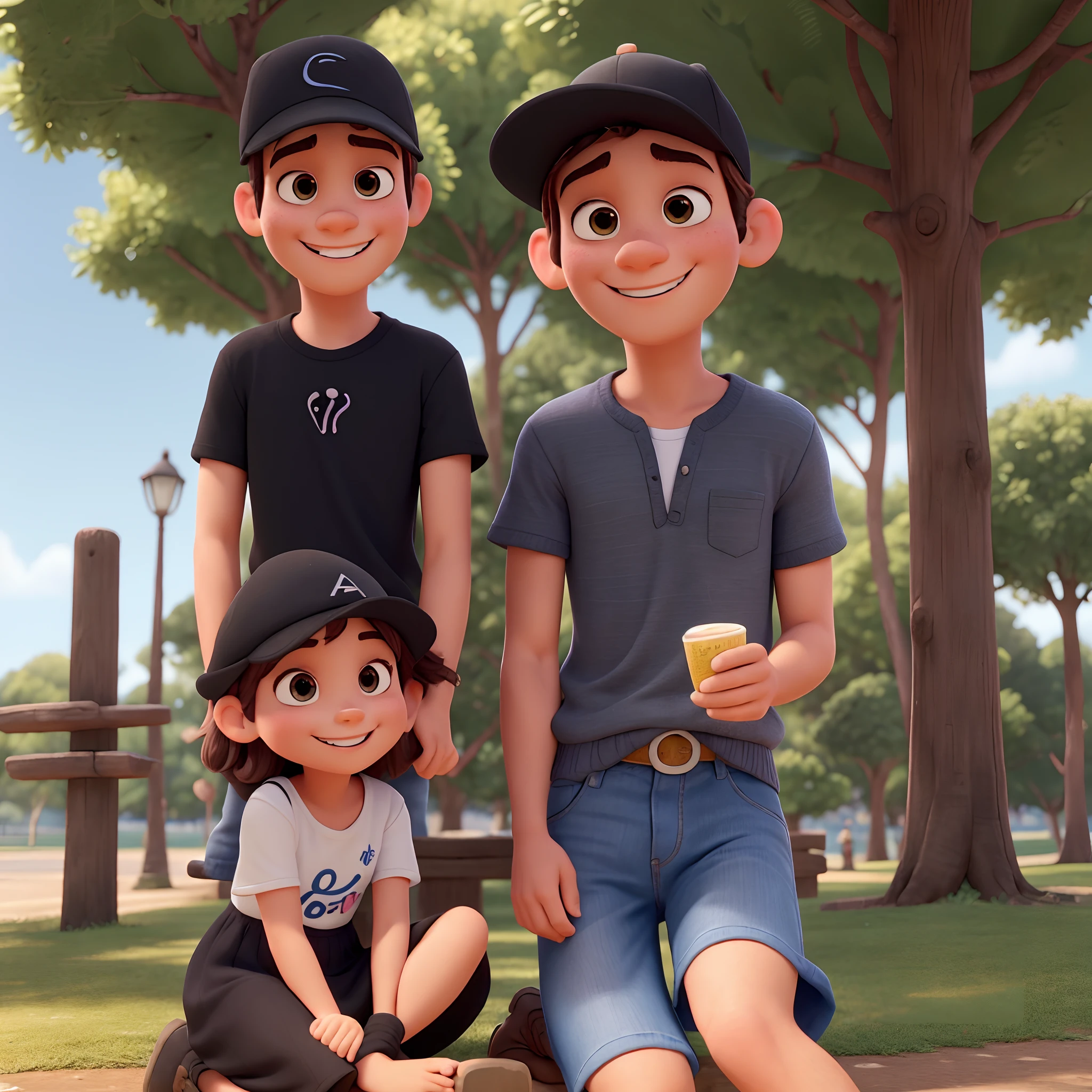 Imagem estilo pixar, um homem loiro, olhosverdes, Wearing a black cap and with a nice little girl and smiling sitting on his shoulders, a garotinha esta usando vestido rosa e tem cabelos dourados e olhos castanhos,  They are in the park.