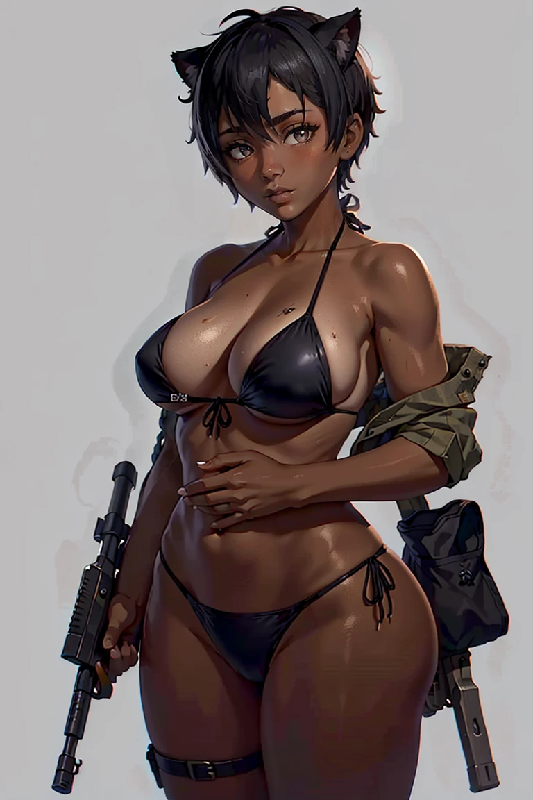 (master piece: 1.1), casca \(berserk\), 1girl, solo, ((1girl in a bikini aiming a AK-47 assault rifle)), ((holding rifle in 1hand)), cat ears on head, (dark skin), brown skin, flushed face, short bikini, thin body, big breasts, short hair, tattered military equipment, soldier girl, military girl, ((holding rifle in one hand, detailed fingers between the rifle)), (other hand behind body), perfect_hands, thin waist, her eyes are bright and detailed, dark eyes, high facial detail, shadows between her body, ((simple gray background)),