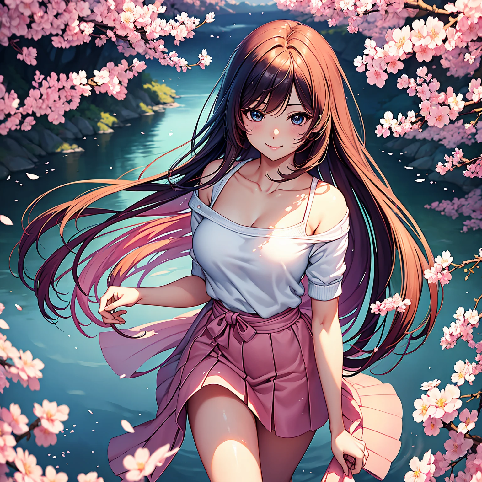 (top-quality,masterpiece,超A high resolution,HD image quality),a beauty girl,teens girl,Beautiful girl,beautiful a girl,Lovely girl,Perfect Beautiful Girl,Short sleeve sweater,Cute clothes,There is cleavage on the chest,a smile,Well-shaped and beautiful boobs,Excellent style,Erotic Cute,multicolored hair,beautidful eyes,A path lined with flourishing cherry blossom trees,beautiful anime woman, Beautiful Art Style, an animated character、(The whole picture、Detailed picture、accurate anatomy、Defect-free images、extremely detailed picture、Accurate images、Perfect Image 1.5)、(Best Shot Photos)