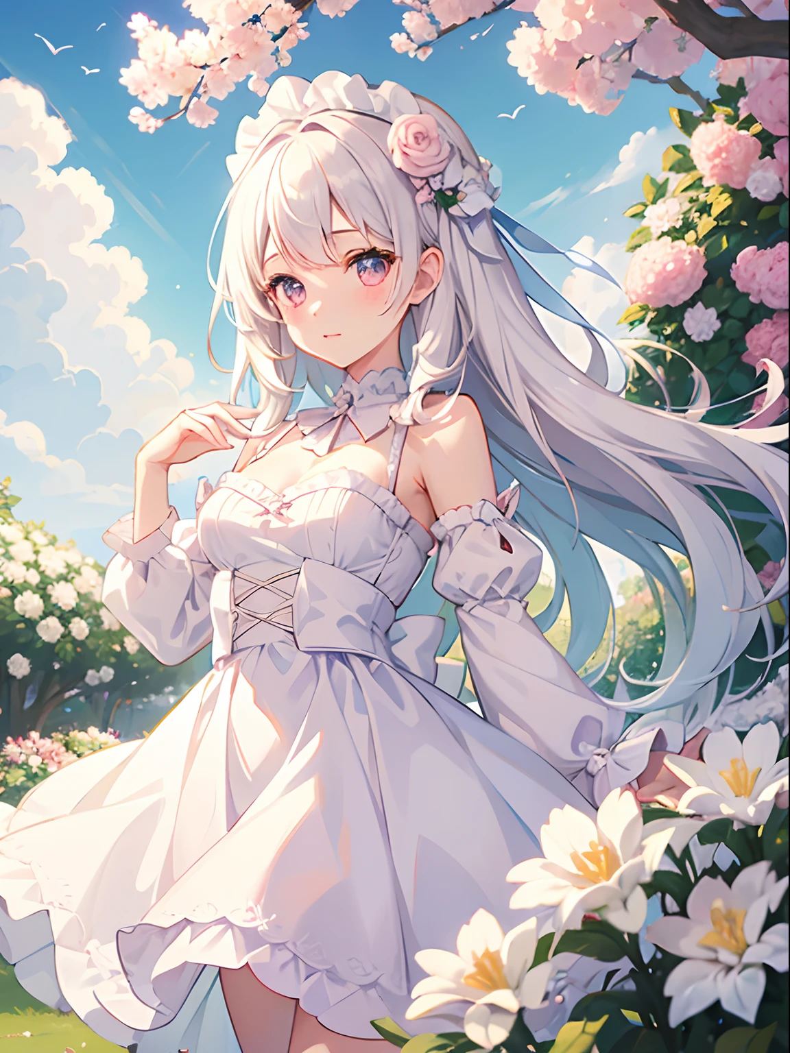 1girl, white medium hair, light pink eyes, center parted hair, cute, blush, medium breast, white dress, flower garden, noon, blue sky, beautiful