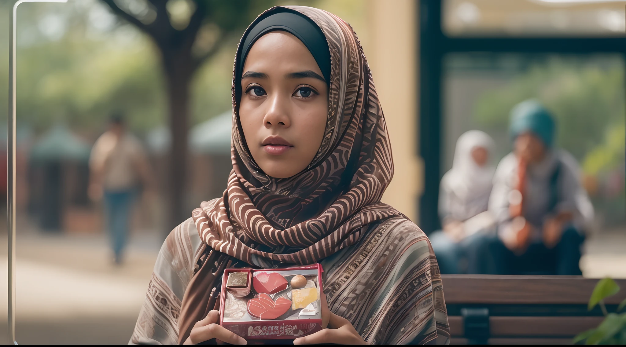 Create a cinematic film still inspired by 'Forrest Gump' with a Malay girl in hijab sitting on a bench, holding a box of chocolates, waiting for someone. Use a medium telephoto lens to focus on her expression.