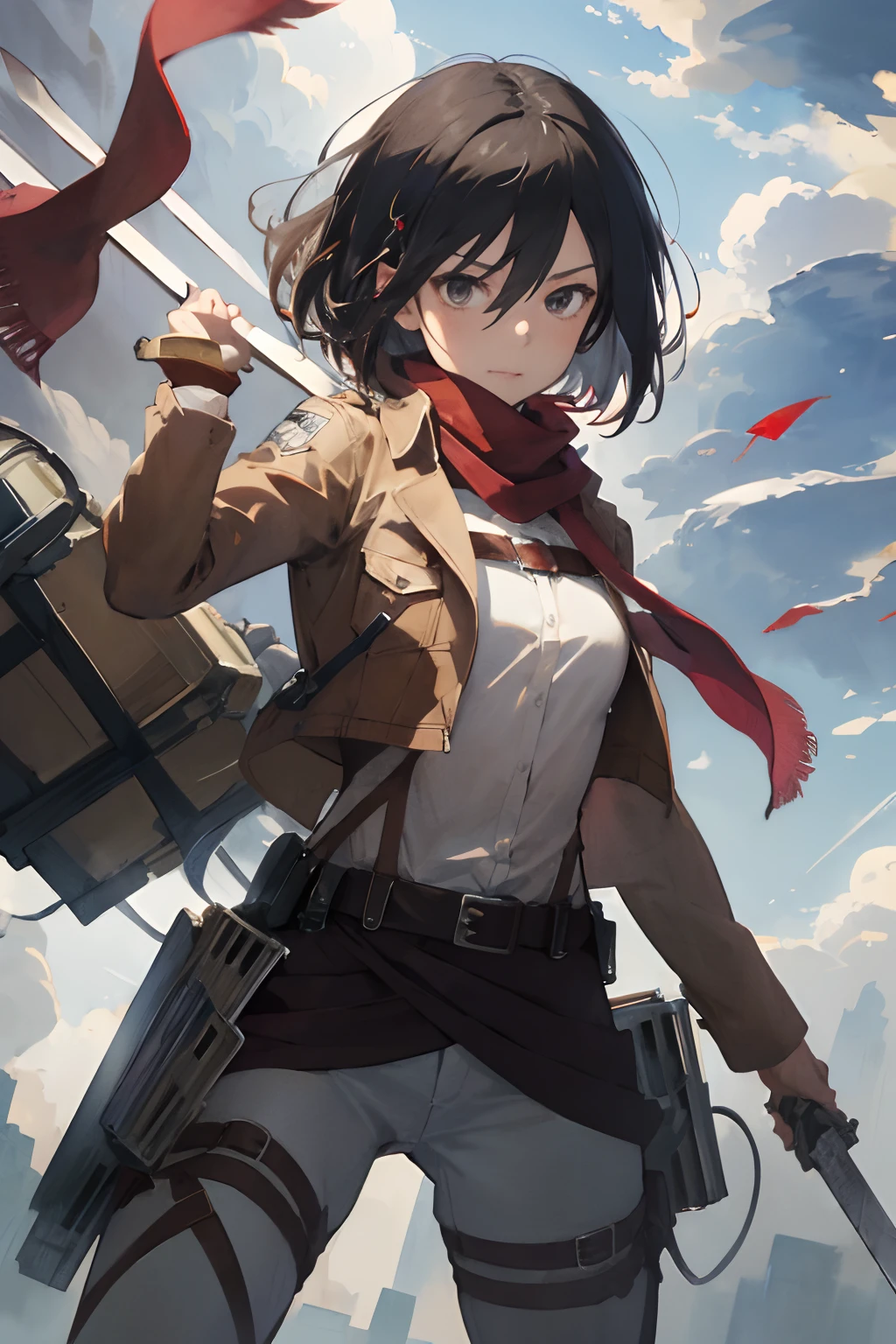 masterpiece, best quality, highres, hmmikasa, short hair, black eyes, scarf, emblem, belt, thigh strap, red scarf, white pants, brown jacket, long sleeves, holding weapon, sword, dual wielding, three-dimensional maneuver gear, fighting stance, sky,