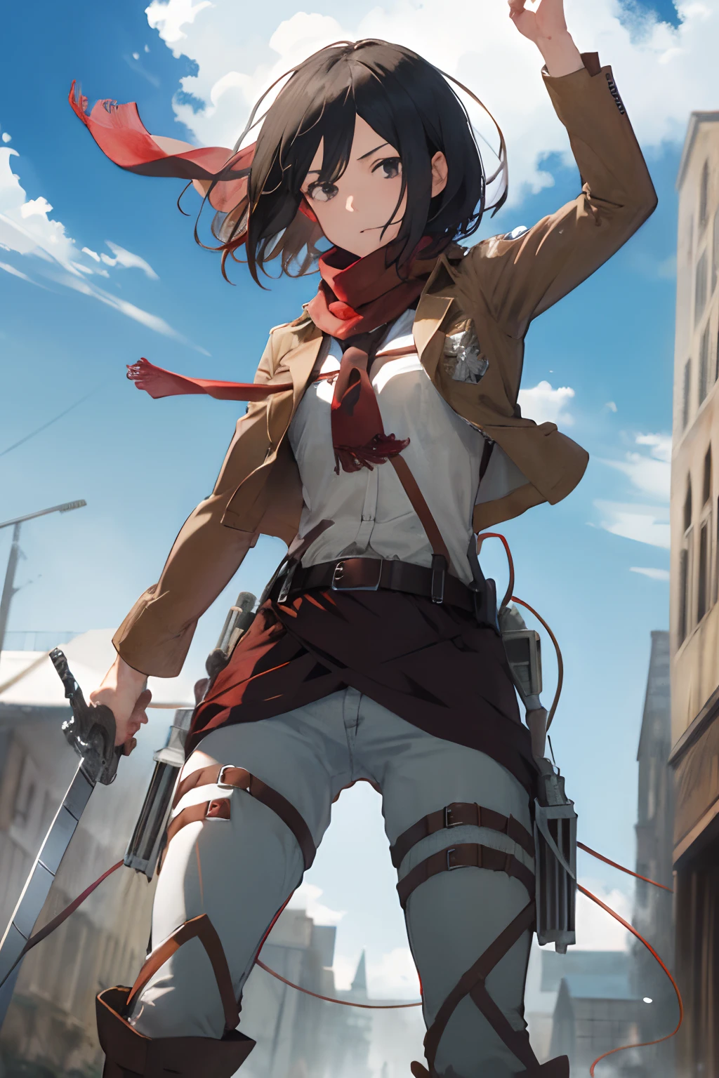 masterpiece, best quality, highres, hmmikasa, short hair, black eyes, scarf, emblem, belt, thigh strap, red scarf, white pants, brown jacket, long sleeves, holding weapon, sword, dual wielding, three-dimensional maneuver gear, fighting stance, sky,