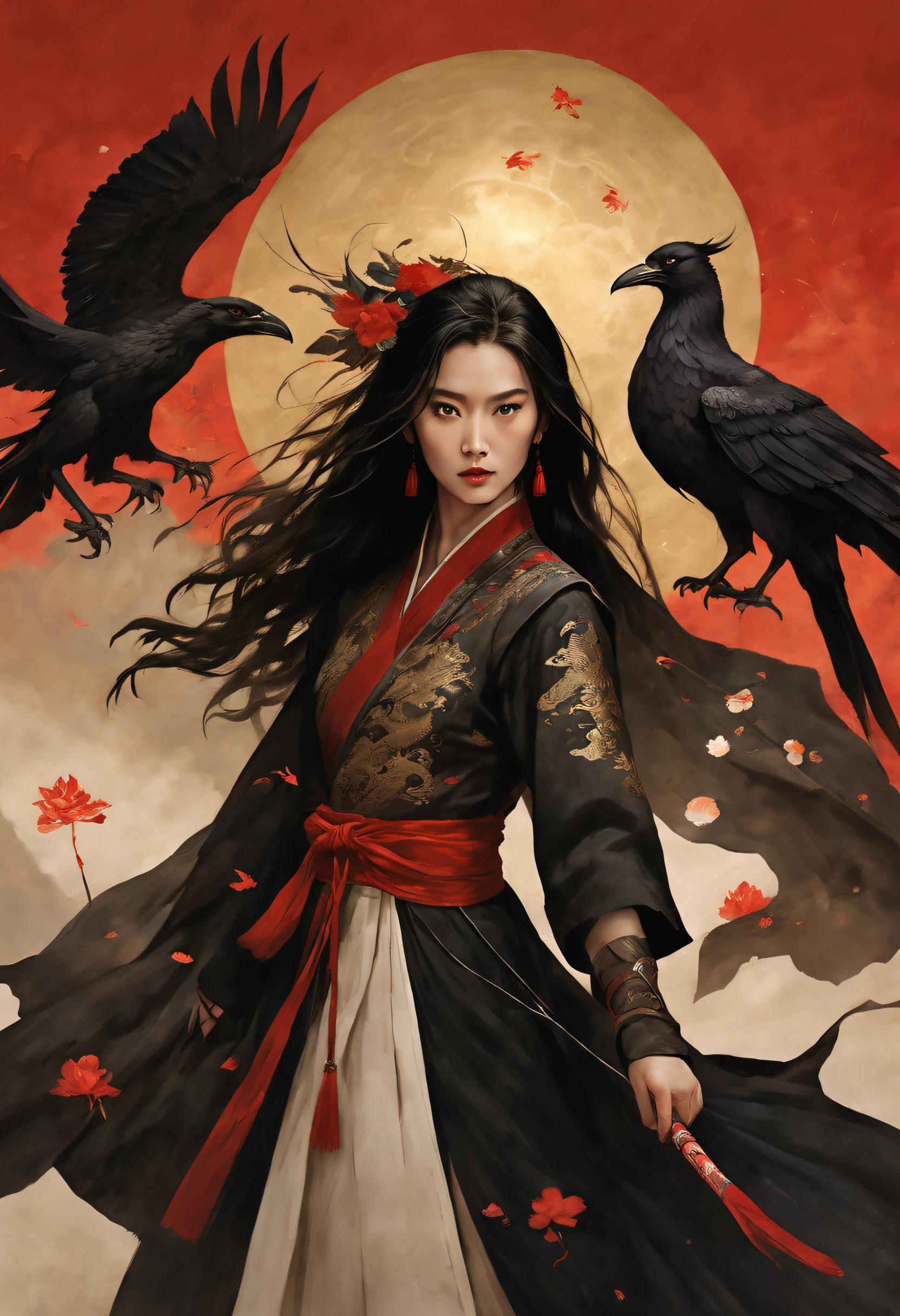 Mulan is wielding a long sword),(full bodyesbian),(Wearing a phoenix gold helmet),(The upper body wears dark blue armor made of fish scales and iron sheets), The armor was also inlaid with golden stars),((A very long sword:0.8)),(A very long sword with a beautiful dragon carved on the hilt:0.8),(The posture of wielding the holy sword),Very long hair, Black hair, Big black eyes, Long eyelashes, Sexy red lips, (anger expression), (perfect hand:0.8),(Black skirt:1.2), (The skirt part is floral embroidery:1.2), (The cloak is decorated in black and gold), disney movie《Mulan》, swordsmen,Kungfu,Chinese costume, Background embroidery: (Scarlet night sky),(A round of the moon:0.6,),(Red Phoenix:1.1),Jupiter,Recife,Sand and foam are swirling,Blue gas vortex, Swirling wind, dust kicked up,Such as foam,Rivers of blood flow, (dead tree),(cawing ravens), {{Masterpiece}} , {{{Best quality}}} , {{Ultra-detailed}} , {{{illustration}}} , {{Disheveled hair}} ,Clear facial features,c4d渲染,Look up,3Drenderingof,